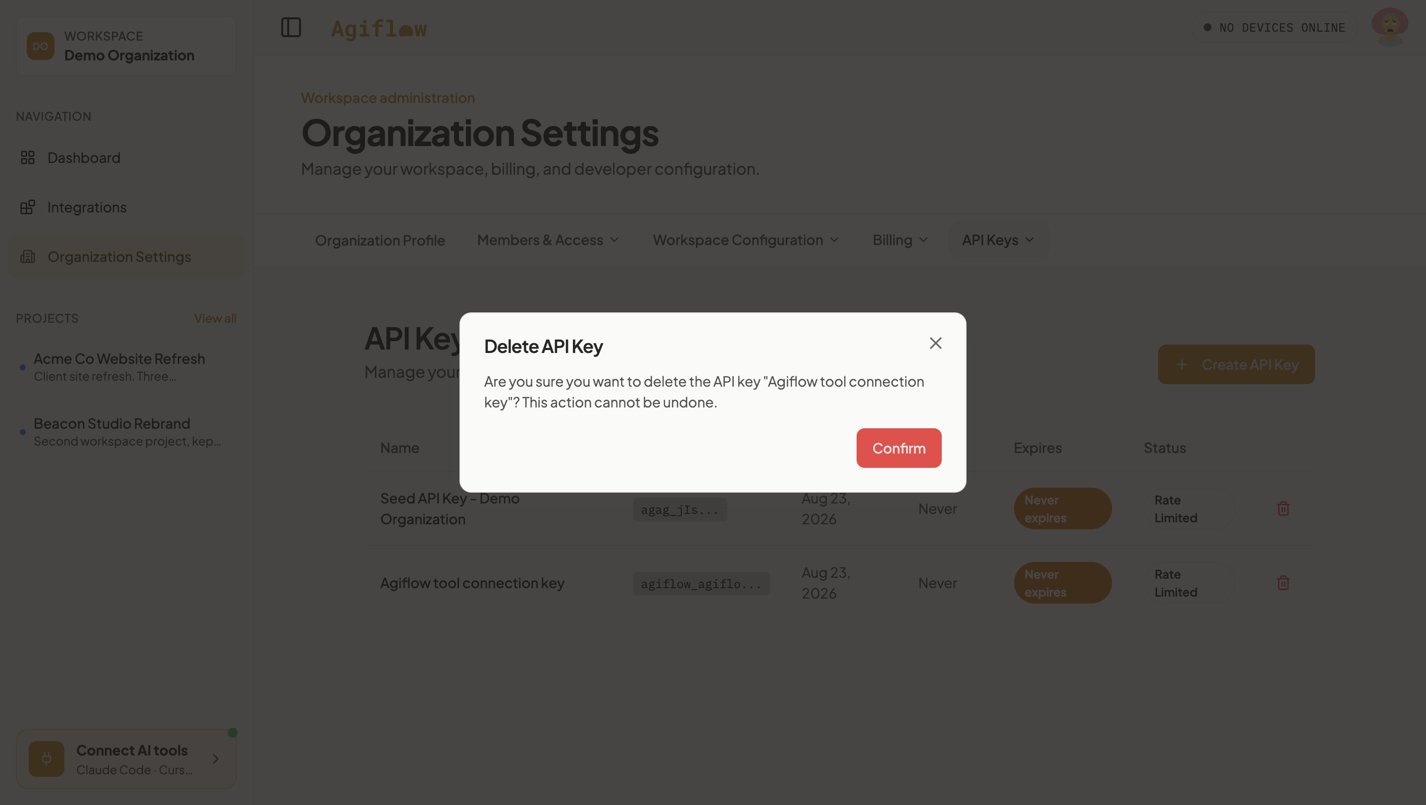 Delete API Key confirmation dialog asking "Are you sure you want to delete the API key 'Agiflow tool connection key'? This action cannot be undone." with a red Confirm button.