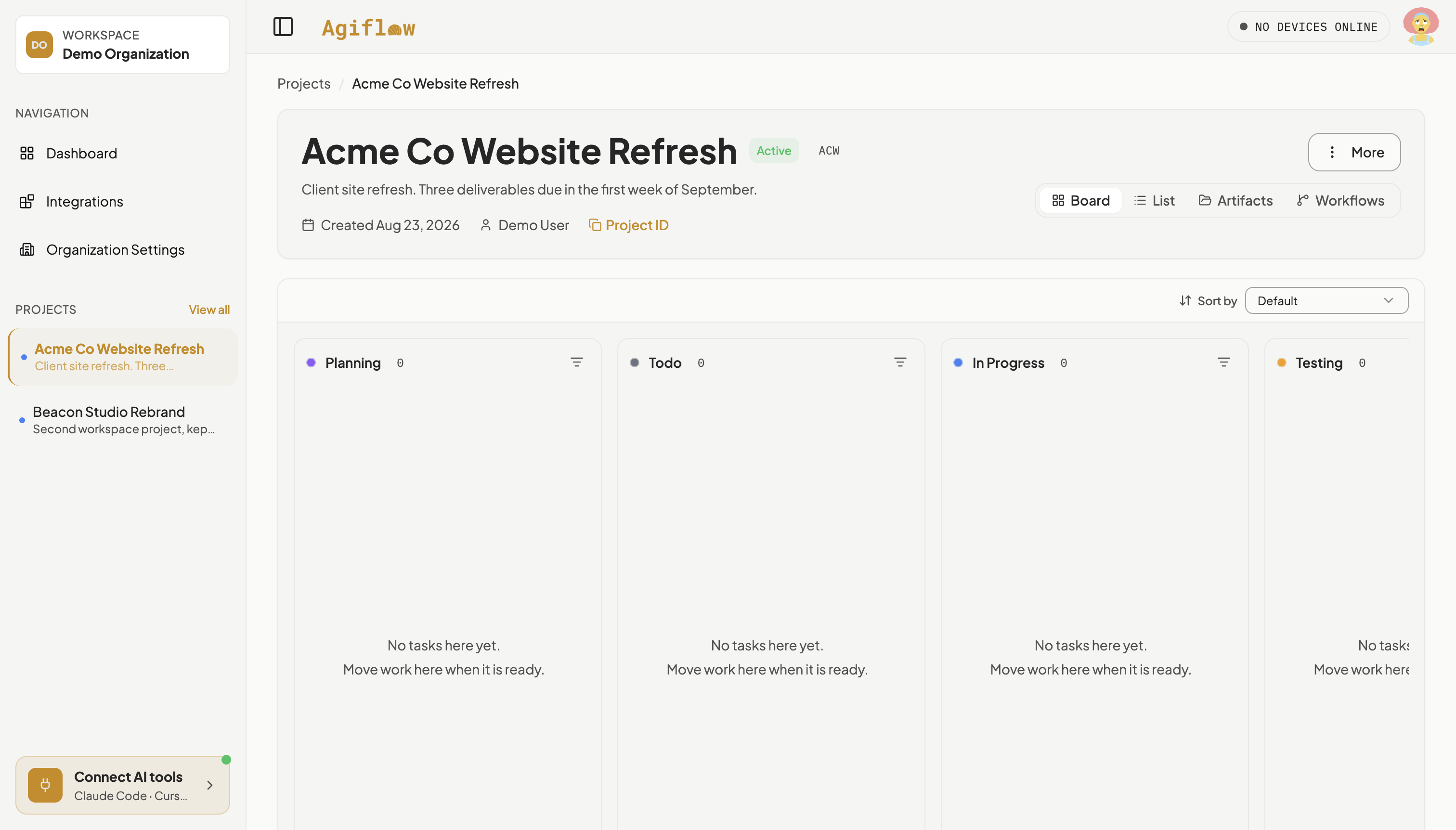 Agiflow project board for Acme Co Website Refresh immediately after creation, showing the Planning, Todo, In Progress, and Testing lanes all empty with a "No tasks here yet" placeholder in each.