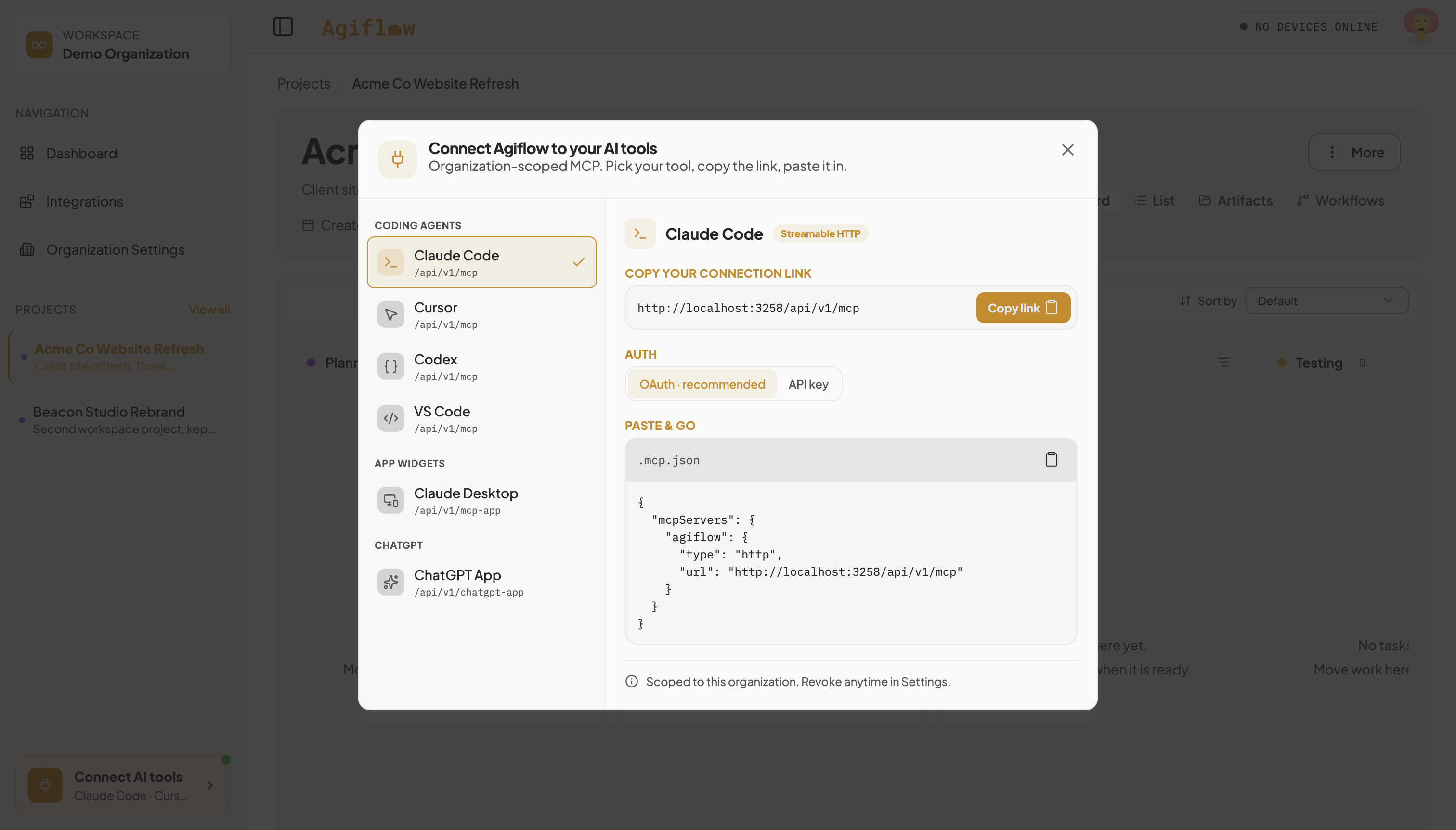Connect Agiflow to your AI tools dialog with Claude Code selected in the tool list, showing the connection link, the OAuth and API key auth toggle, a .mcp.json paste-and-go block, and the footer note that the connection is scoped to the organization.