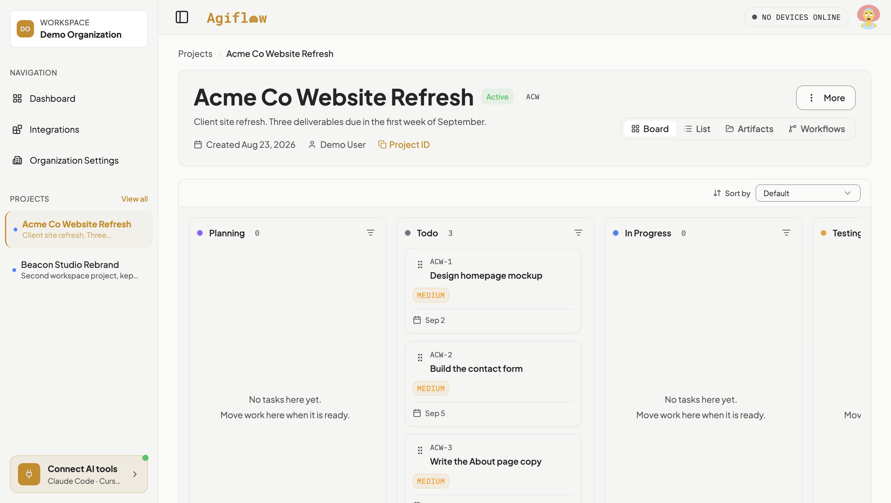 Acme Co Website Refresh board with three cards in the Todo lane: ACW-1 Design homepage mockup due Sep 2, ACW-2 Build the contact form due Sep 5, and ACW-3 Write the About page copy, each with a Medium priority badge.