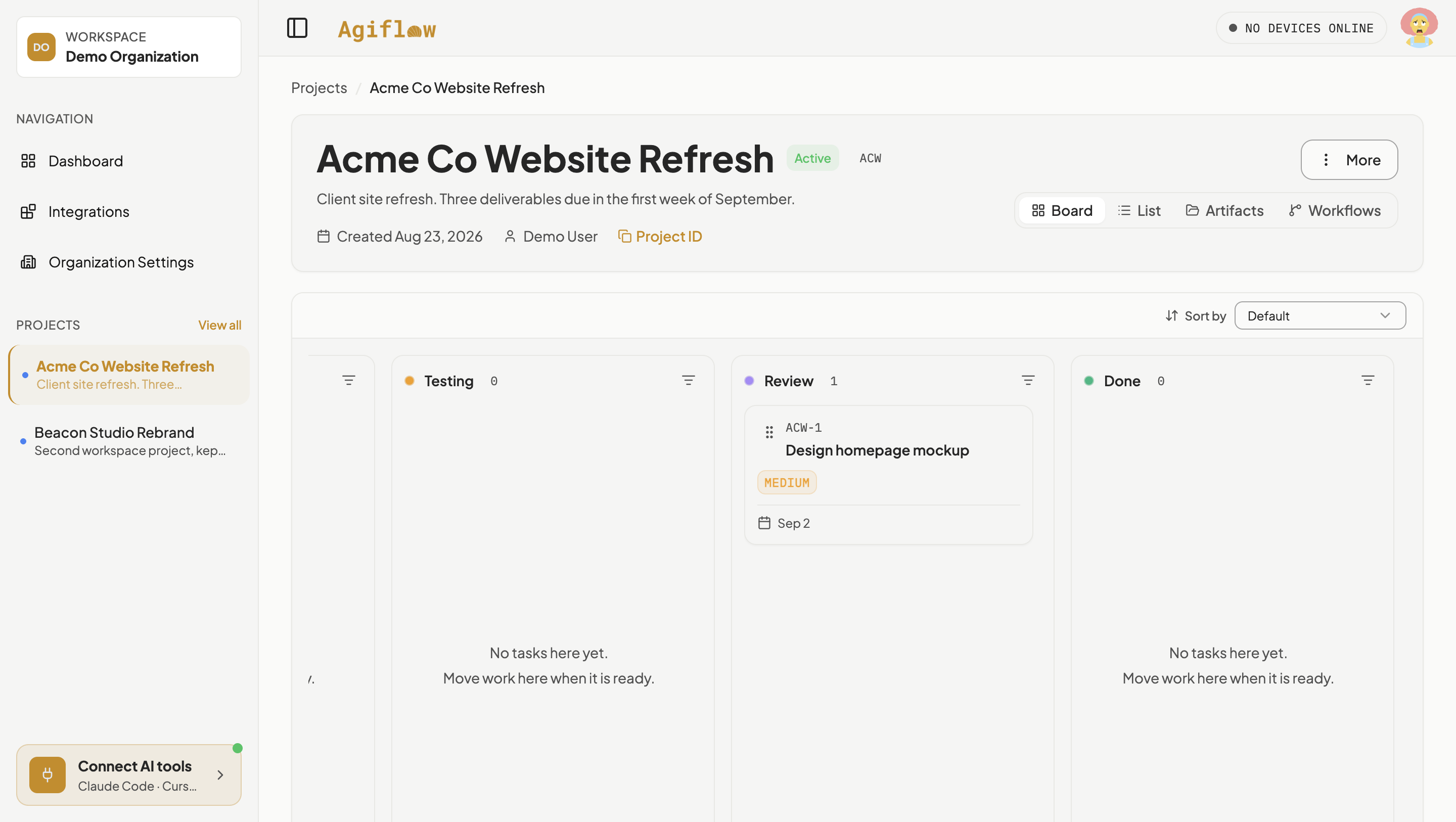 Acme Co Website Refresh board with the Testing lane empty, the Review lane holding one card (ACW-1 Design homepage mockup, due Sep 2), and the Done lane empty.