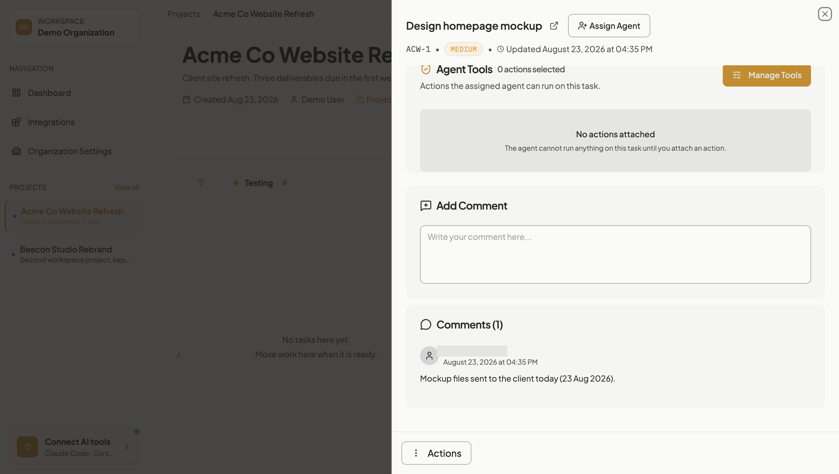 Task detail panel for Design homepage mockup showing a Comments (1) section with one comment reading "Mockup files sent to the client today (23 Aug 2026)." The comment author name is masked with a grey bar for publication.