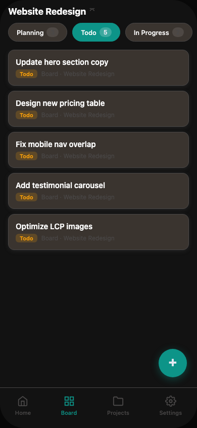 Source-derived visual reference of the Board screen