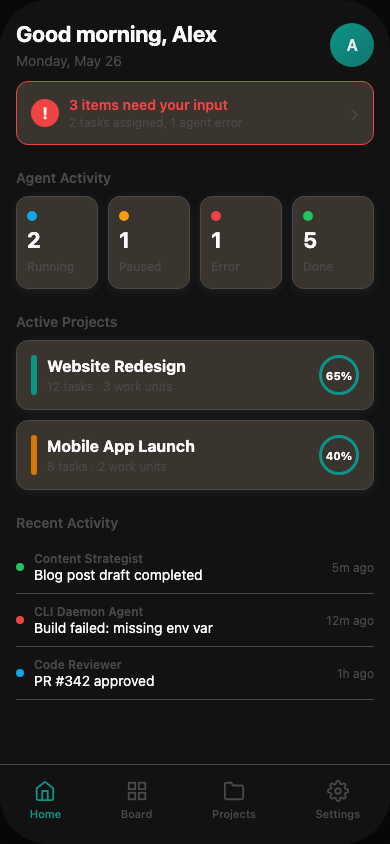 Source-derived visual reference of the Agiflow Home screen