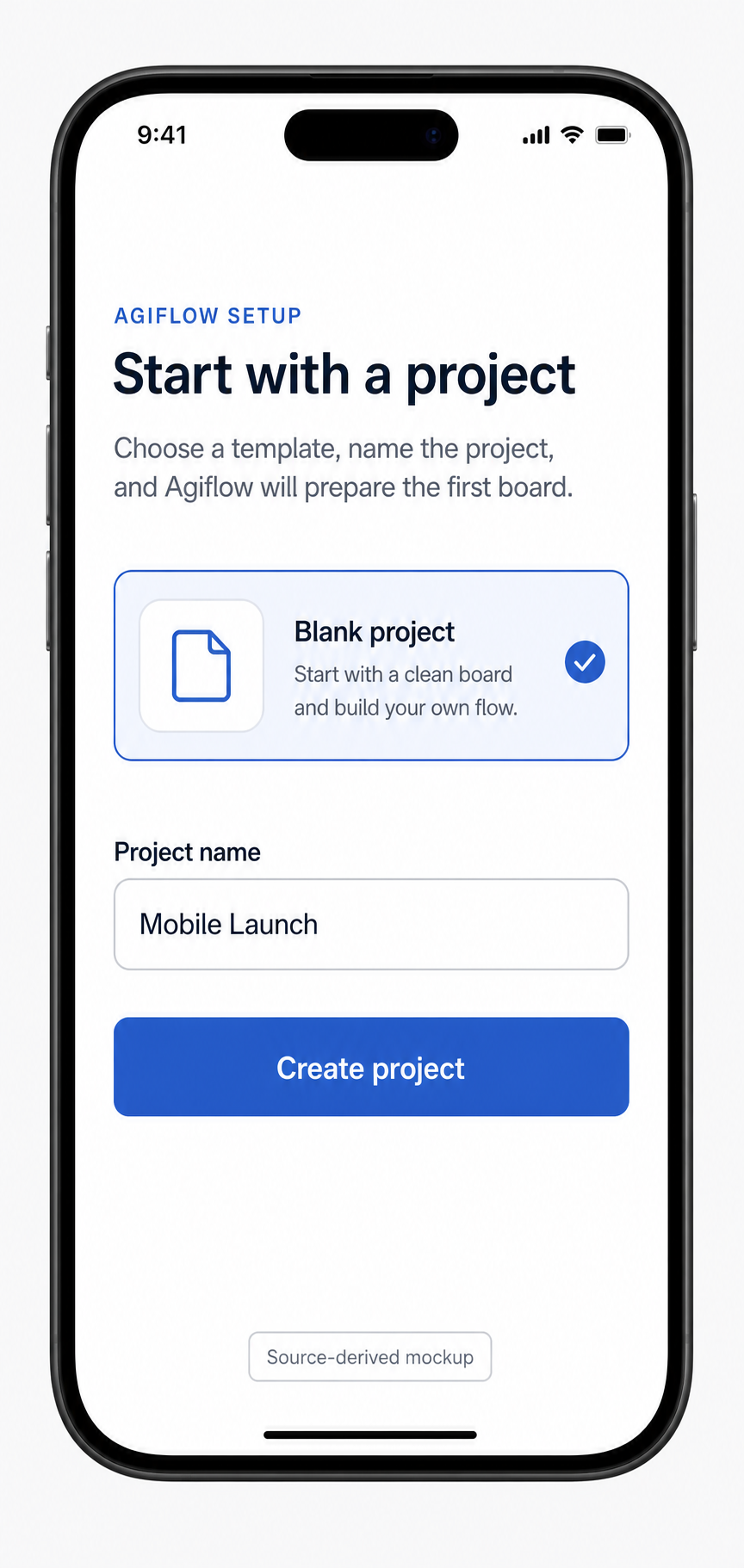 Agiflow mobile setup mockup with Blank project selected and Mobile Launch entered