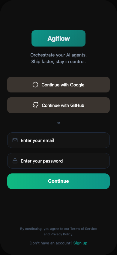Source-derived visual reference of the Agiflow mobile sign-in screen