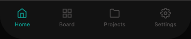 Bottom tab bar crop showing Home, Board, Projects, and Settings tabs
