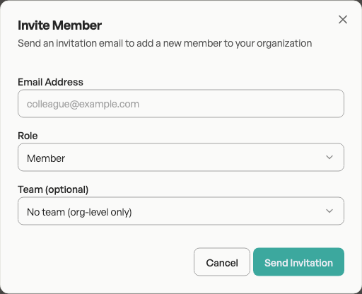 Invite Member dialog showing Email Address field, Role selector set to Member, and optional Team dropdown.