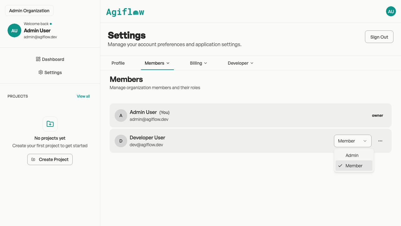 Organization Members page showing an Owner badge and an open role selector dropdown with Admin and Member options.
