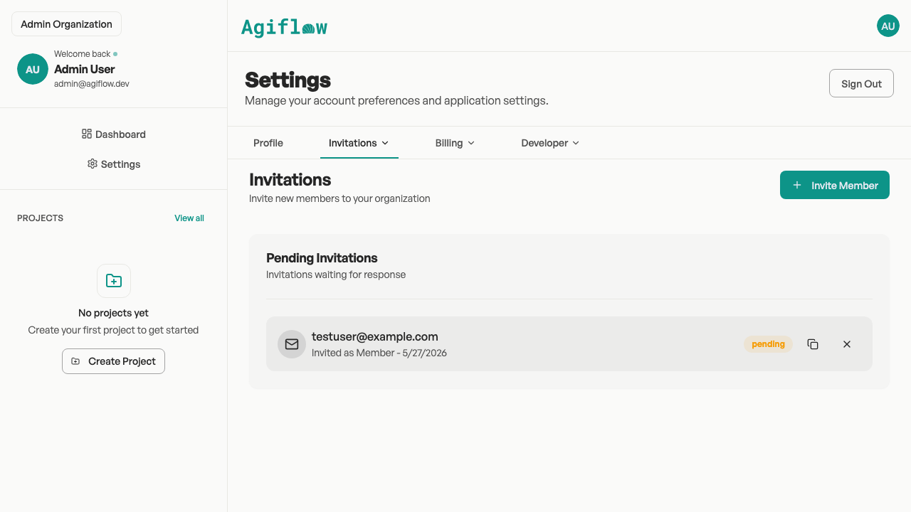 Pending Invitations list showing an invited member with pending status and action buttons.