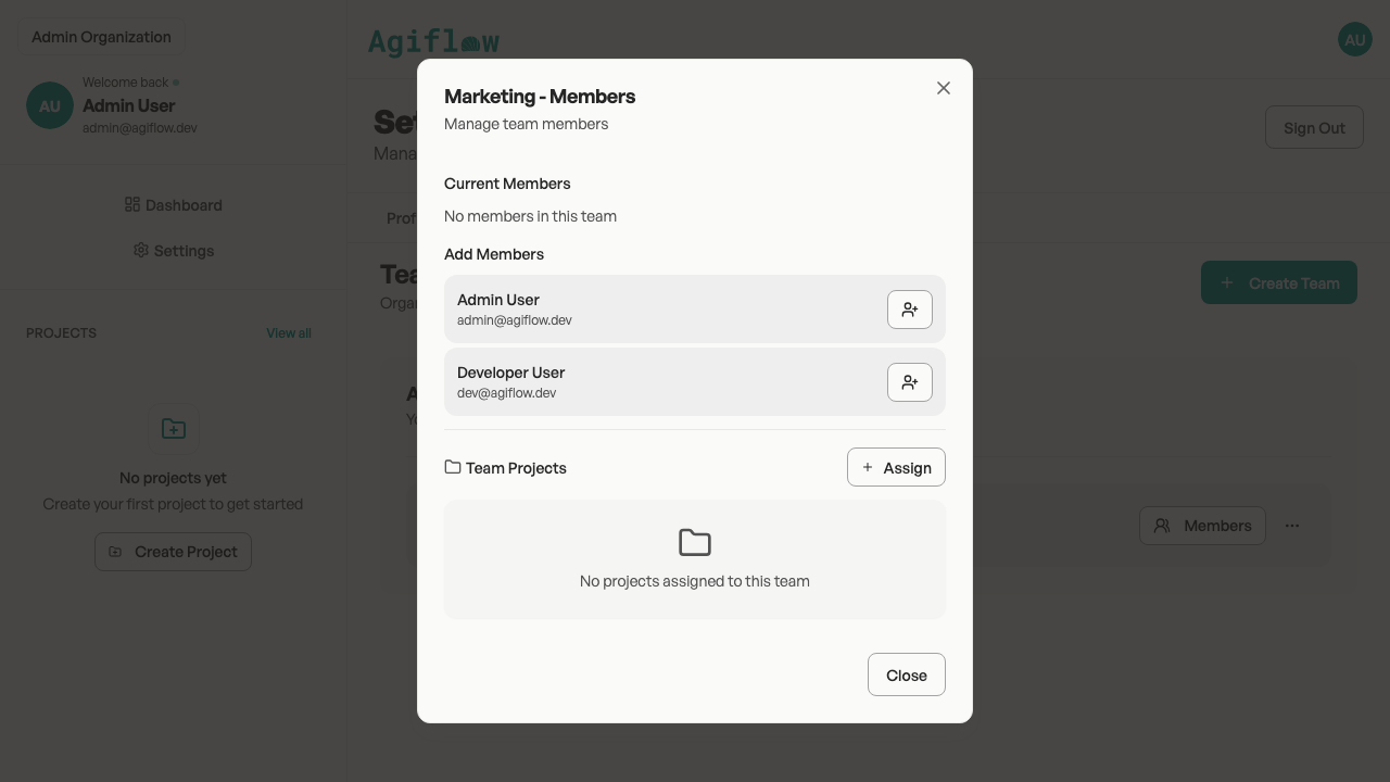Team Members dialog showing the Team Projects section with an Assign button for adding project access.