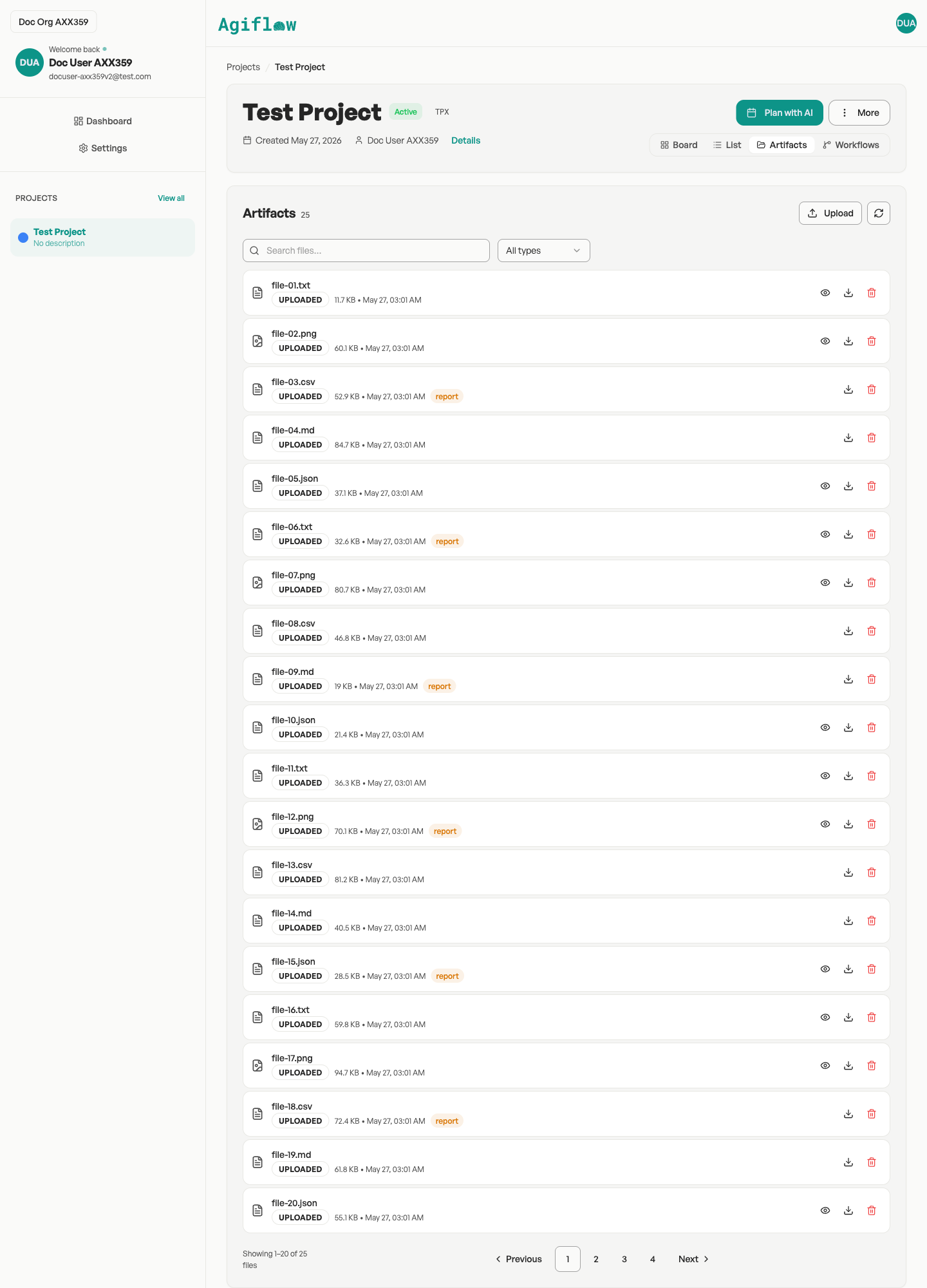 The Artifacts tab in a project showing uploaded files with search, type filter, and pagination controls at the bottom.