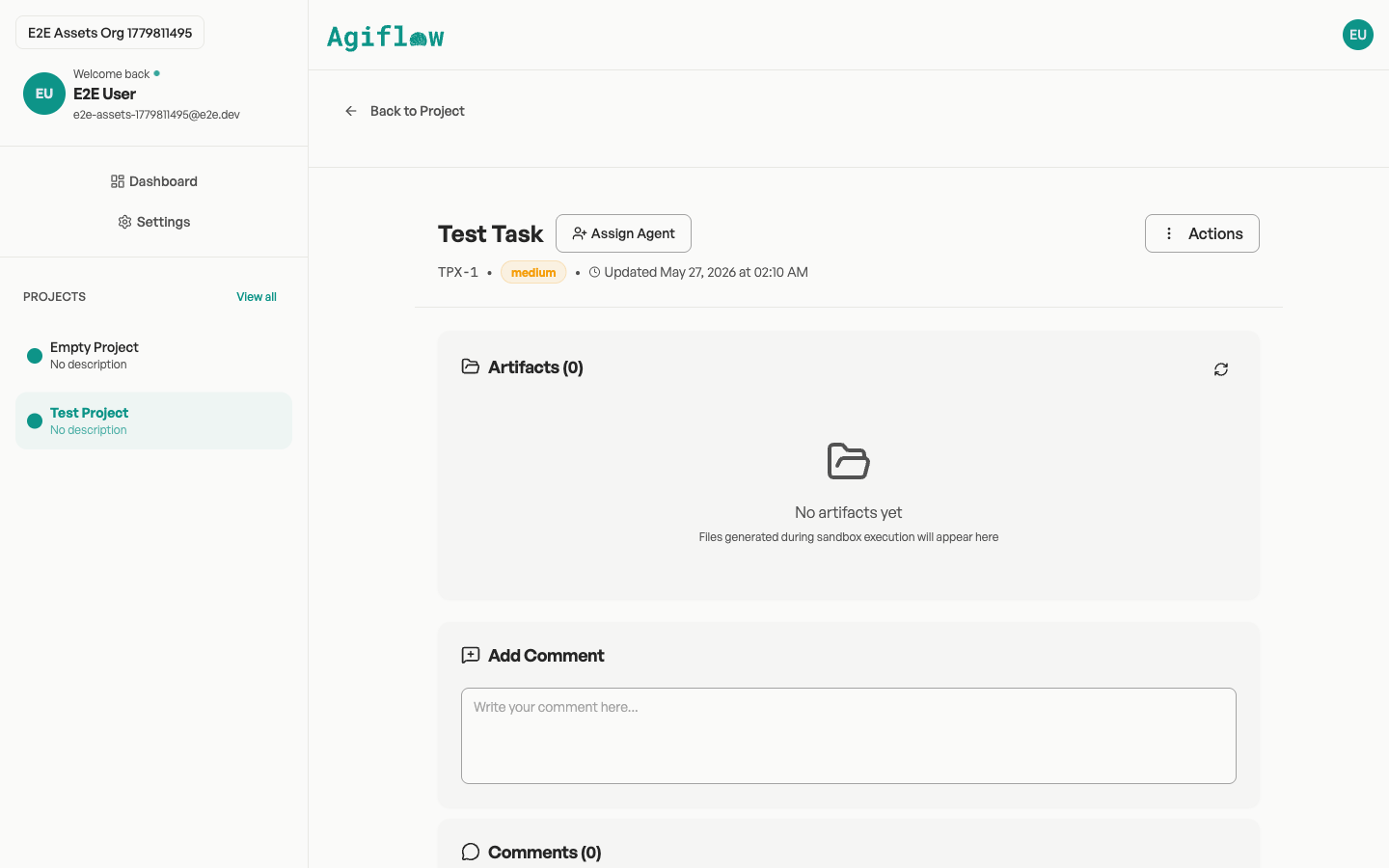 The Artifacts card on a task detail page showing Artifacts (0), a refresh button, and the empty state message No artifacts yet — Files generated during sandbox execution will appear here.