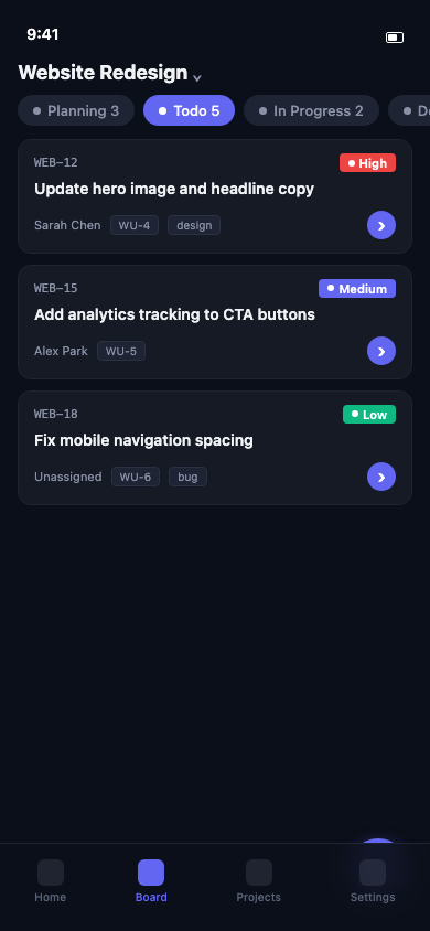 Agiflow mobile Board tab showing task cards organized by status lanes such as Planning, Todo, In Progress, and Done