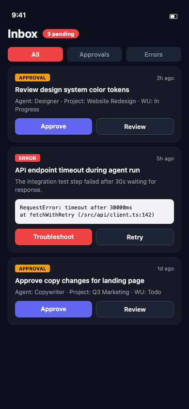 Agiflow mobile Inbox screen showing pending items with All, Approvals, and Errors filter tabs and action buttons