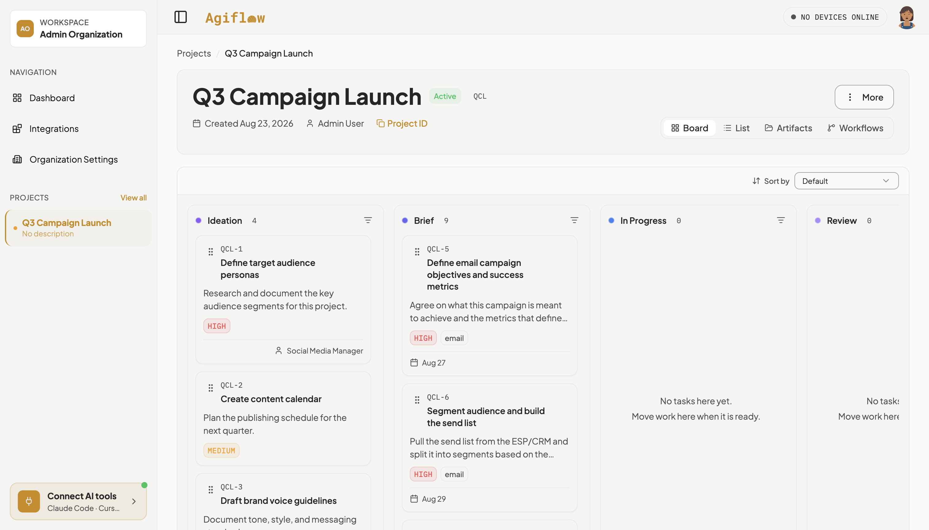 Q3 Campaign Launch board with the Define target audience personas card in Ideation showing Social Media Manager as its assignee.