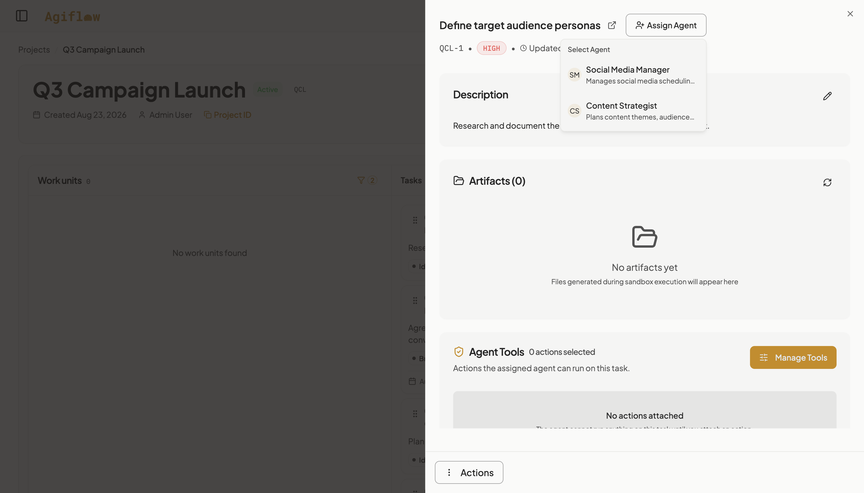 Define target audience personas quick-view panel with the Assign Agent picker open, listing Social Media Manager and Content Strategist as the only two selectable agents.