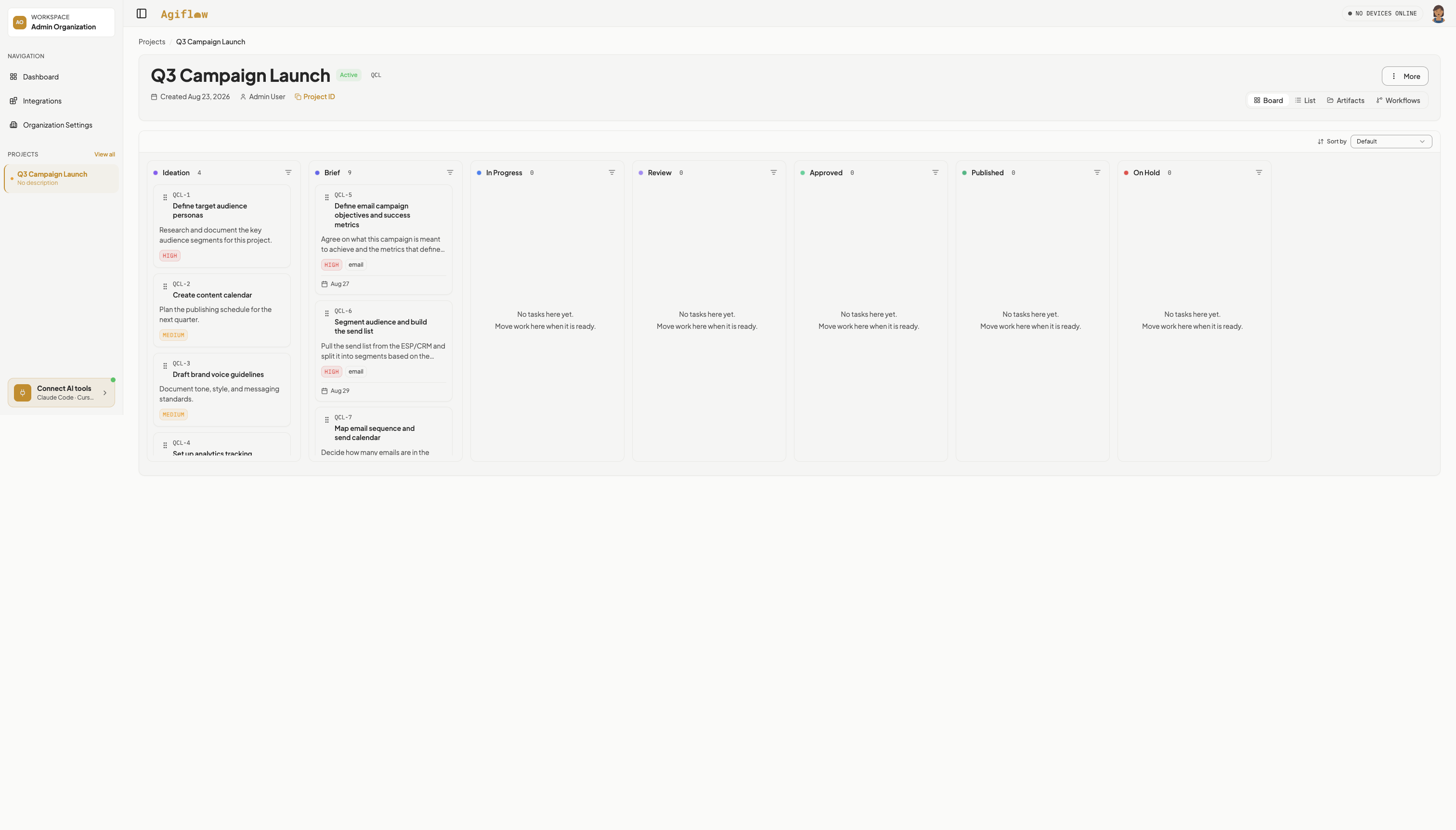Q3 Campaign Launch board after reload, showing the original four Ideation tasks and nine new campaign tasks in the Brief column, each tagged email and carrying a due-date badge.