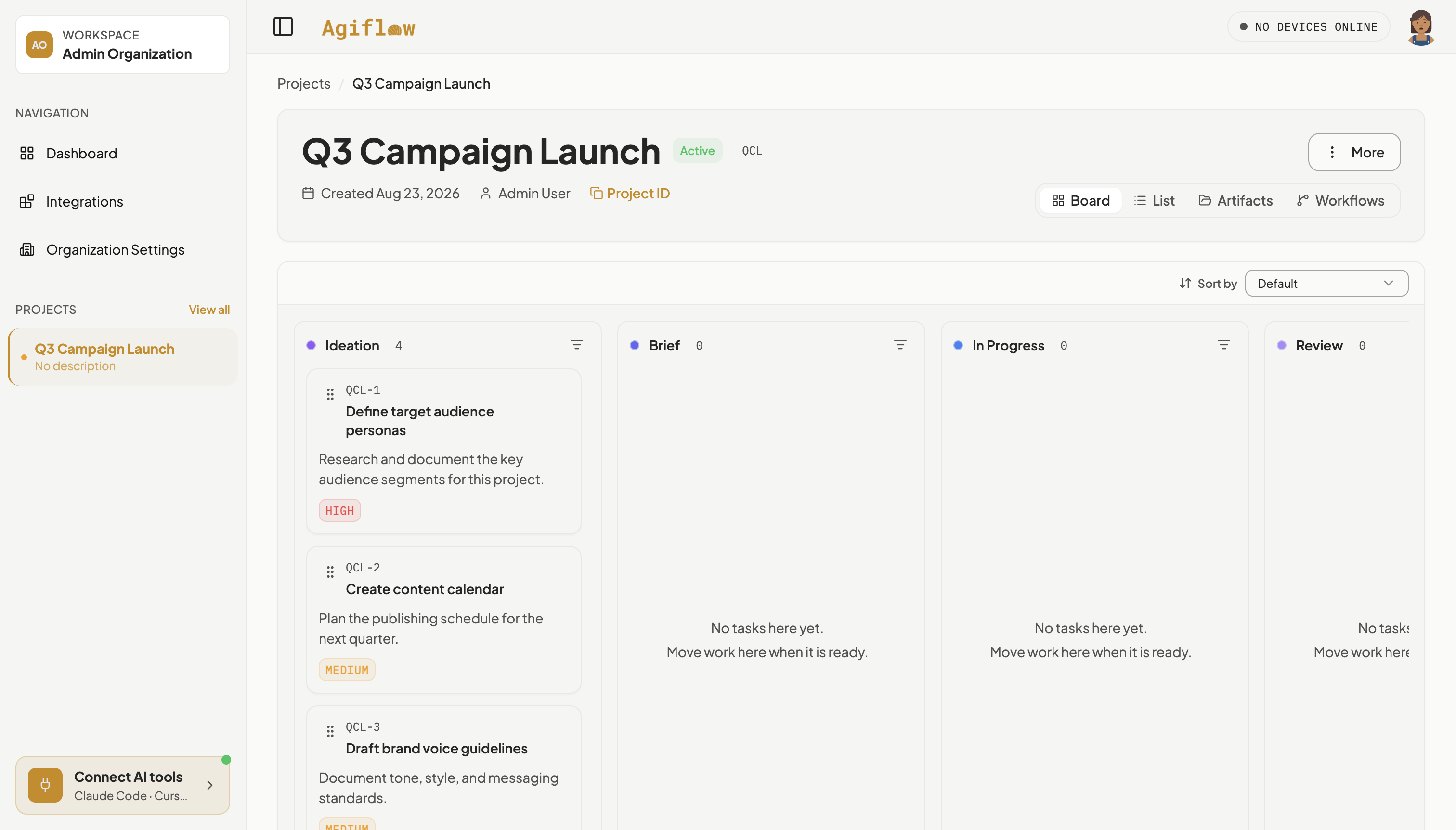 Q3 Campaign Launch board immediately after creation, showing the Ideation column with four seeded starter tasks and the empty Brief and In Progress columns beside it.