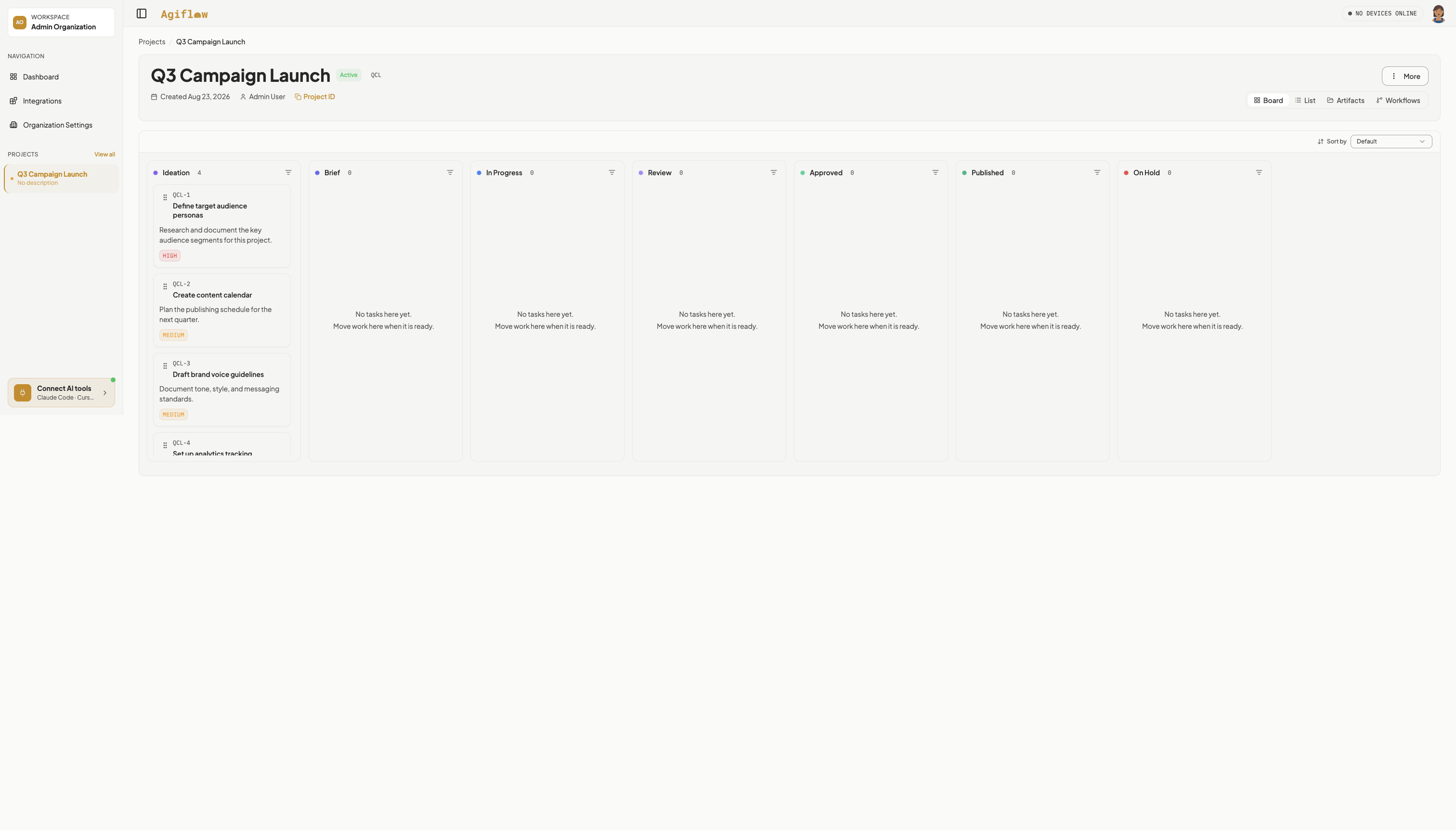 Q3 Campaign Launch board zoomed out to show all seven Marketing columns: Ideation with four starter tasks, then empty Brief, In Progress, Review, Approved, Published, and On Hold columns.