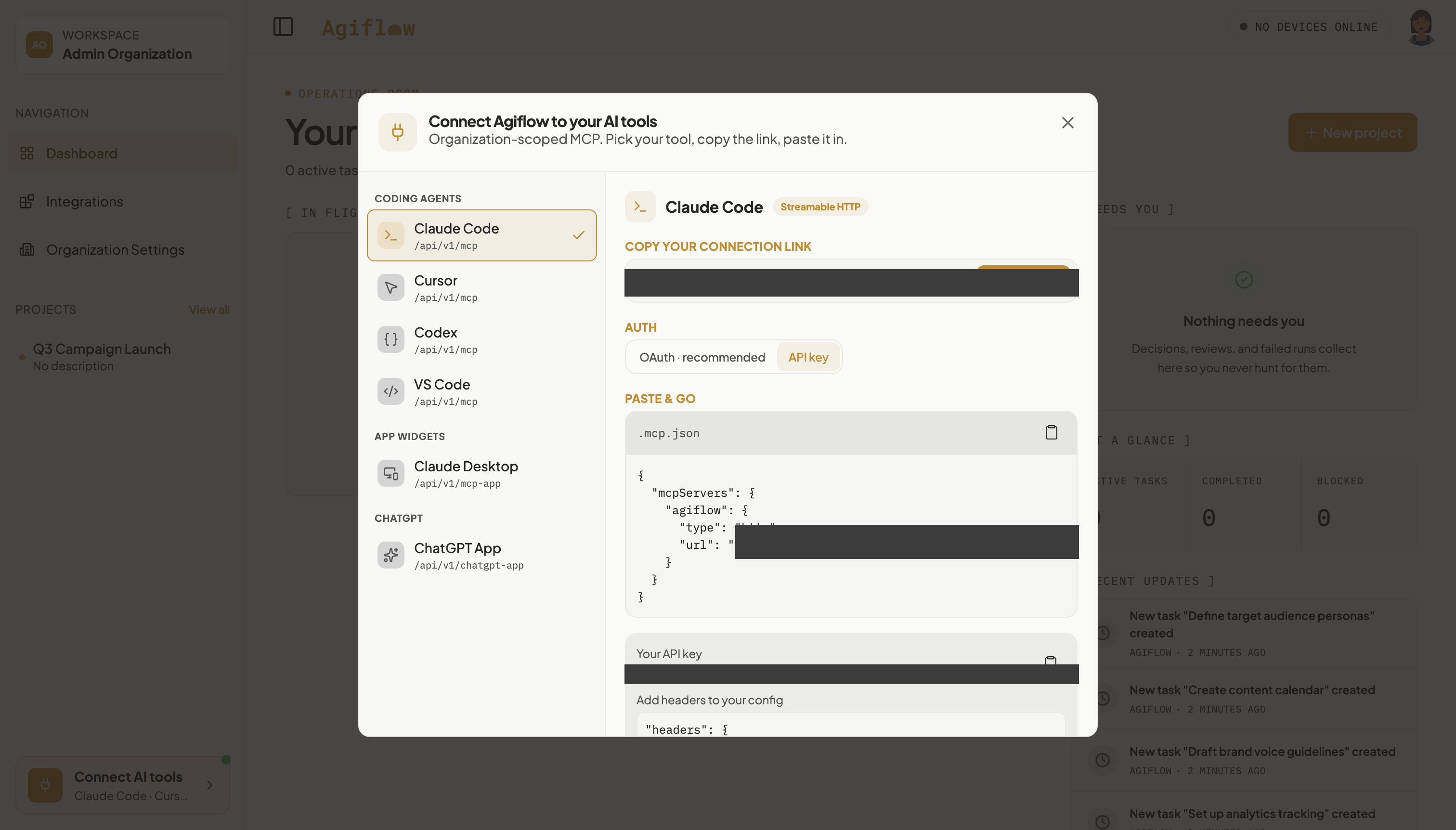 Connect Agiflow to your AI tools modal in API key mode after generation, showing the generated API key block and a separate headers block, with the key and organization id redacted.