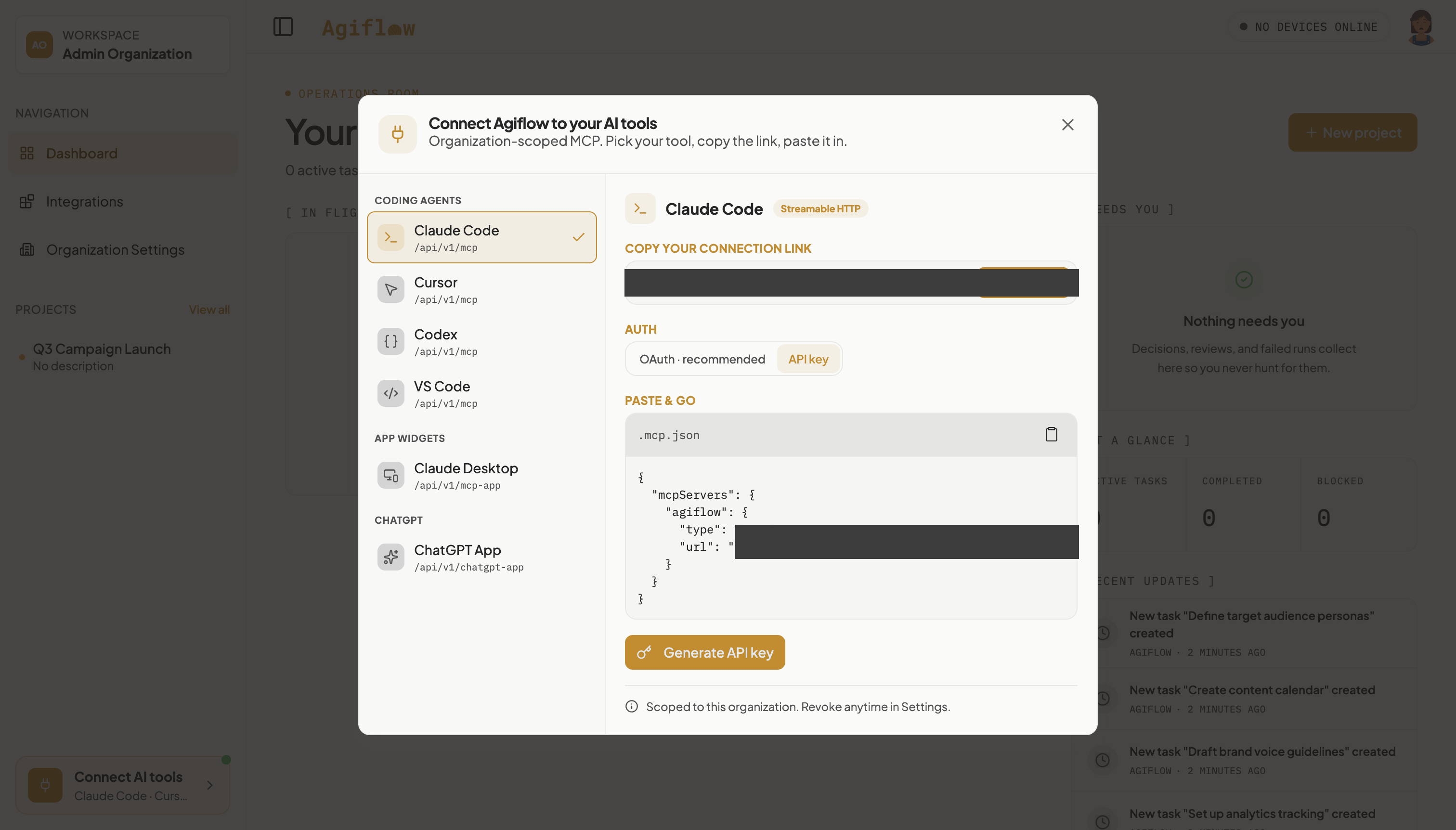 Connect Agiflow to your AI tools modal with Claude Code selected and the API key auth pill chosen, showing the connection link and the .mcp.json snippet before a key has been generated.