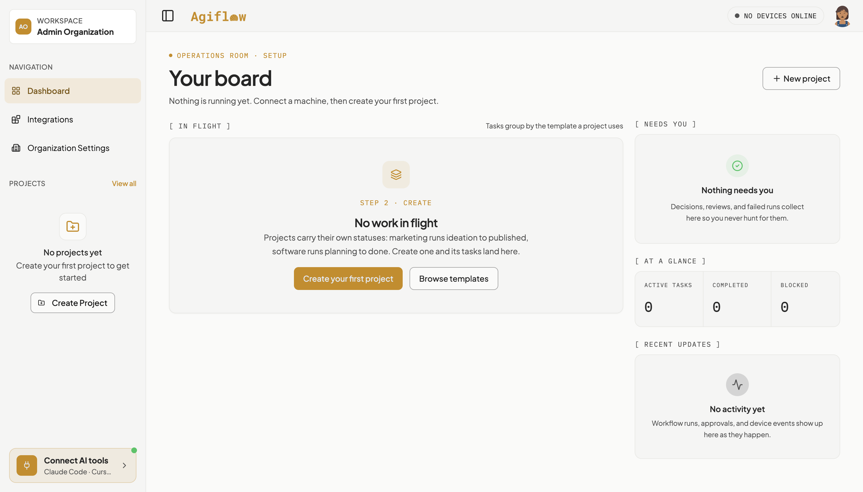 Agiflow dashboard for the Admin Organization workspace, showing the Your board heading with no projects yet and a New project button at top right.