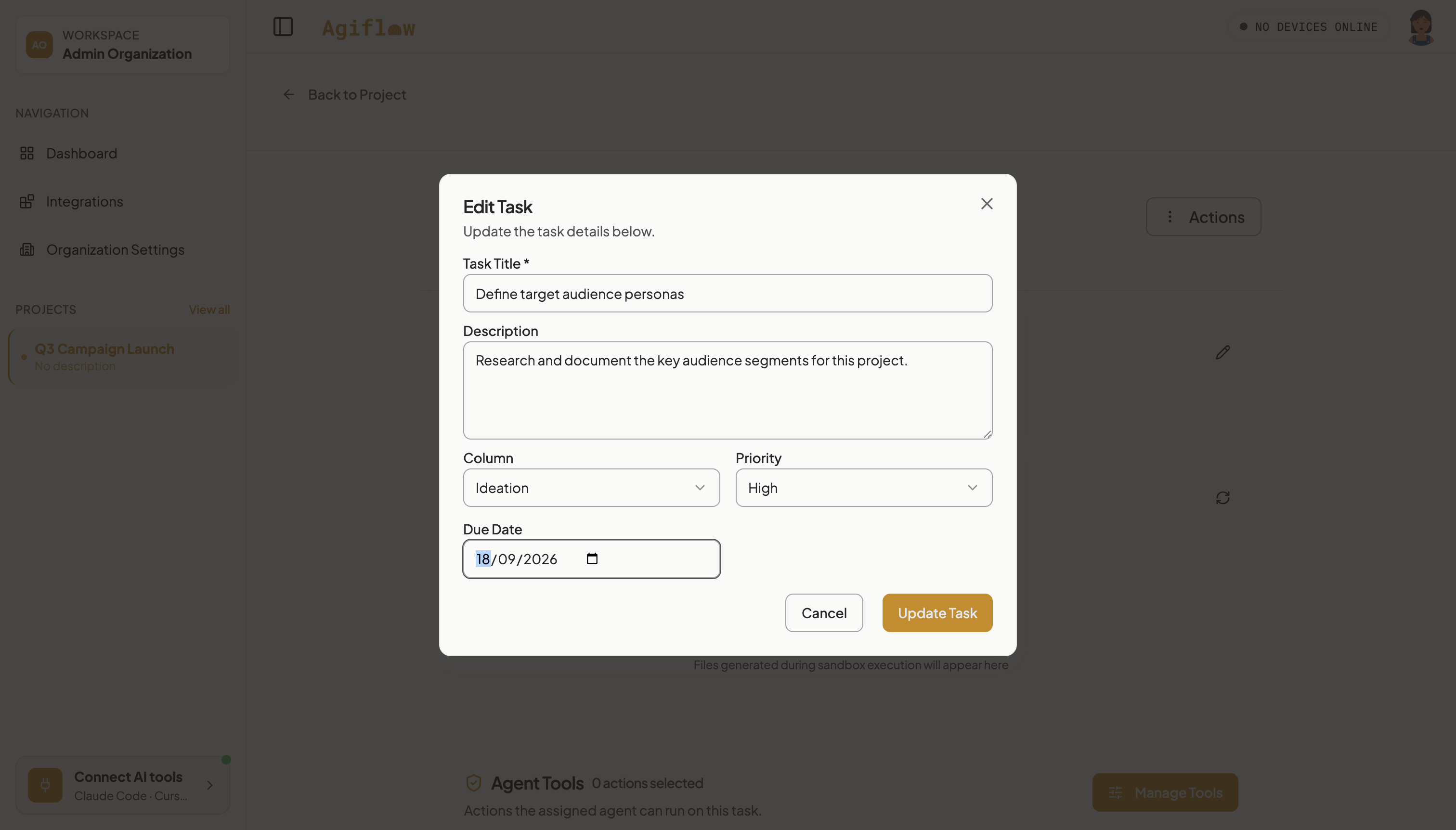 Edit Task dialog open on the dedicated task page for Define target audience personas, with the Due Date field set to 18 September 2026.