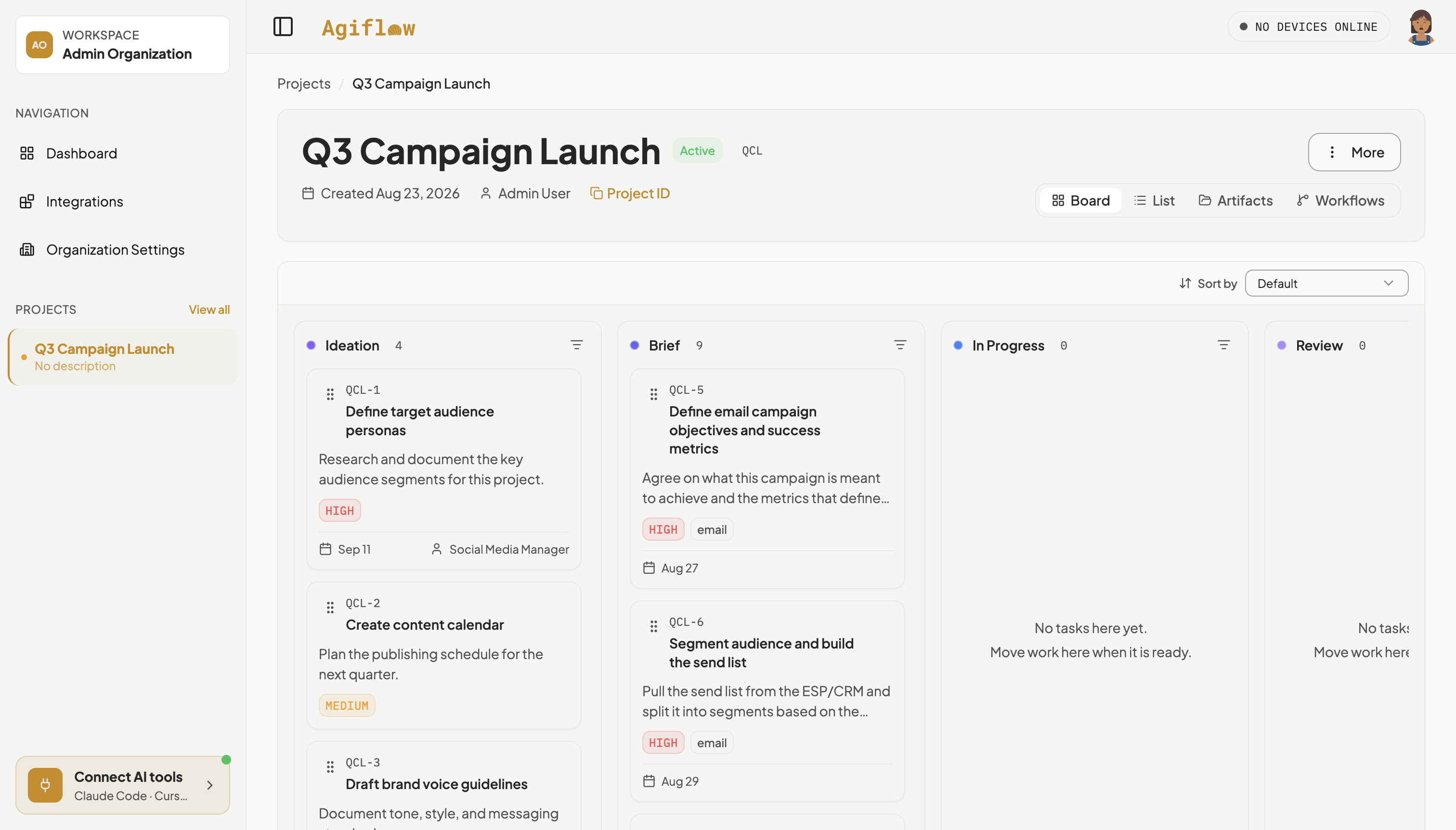 Q3 Campaign Launch board showing the finished state: Ideation with four starter tasks including Define target audience personas assigned to Social Media Manager with a due date, and Brief holding the assistant-created campaign tasks.