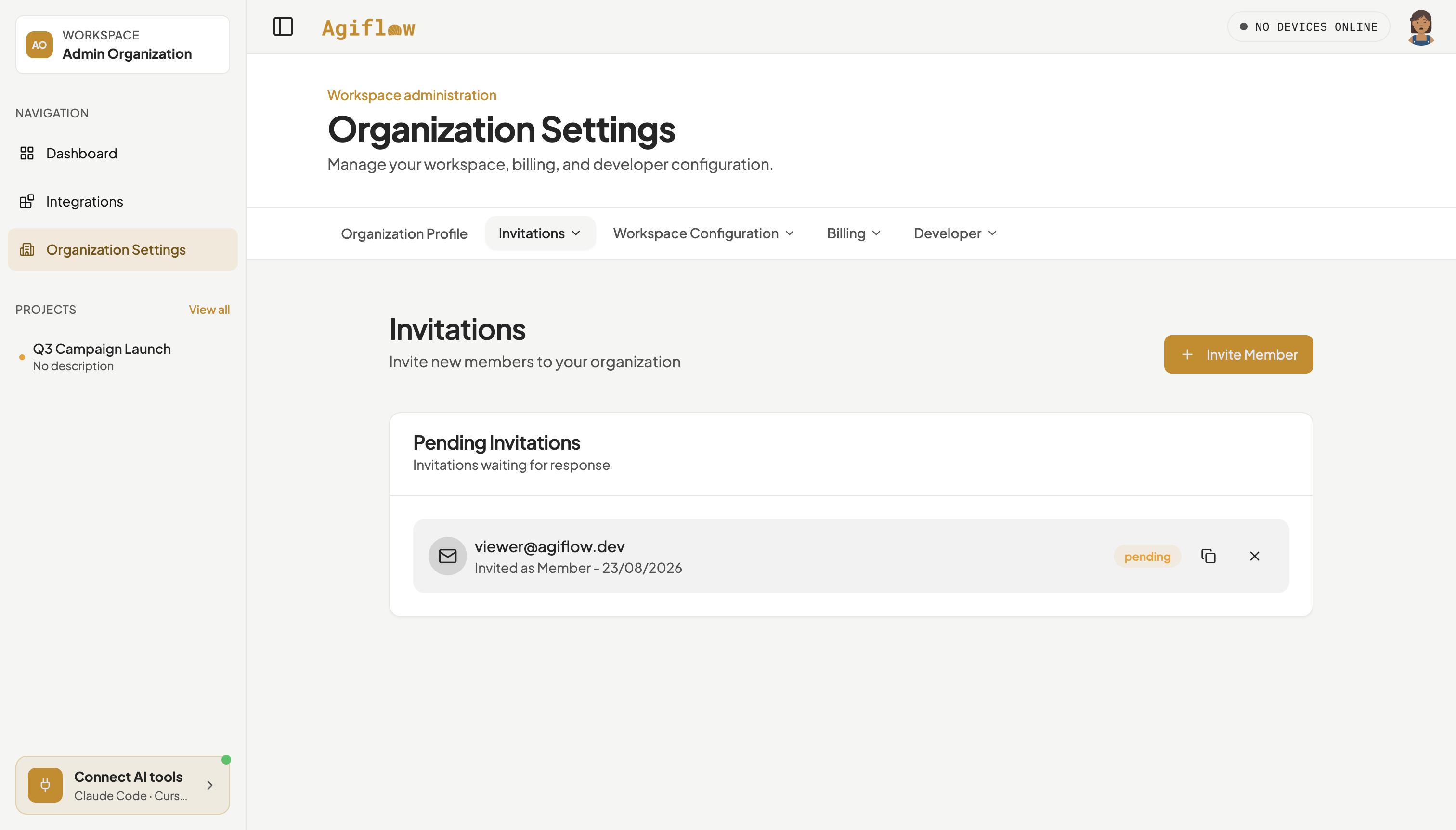 Organization Settings Invitations page showing one pending invitation row for viewer@agiflow.dev, invited as Member today.