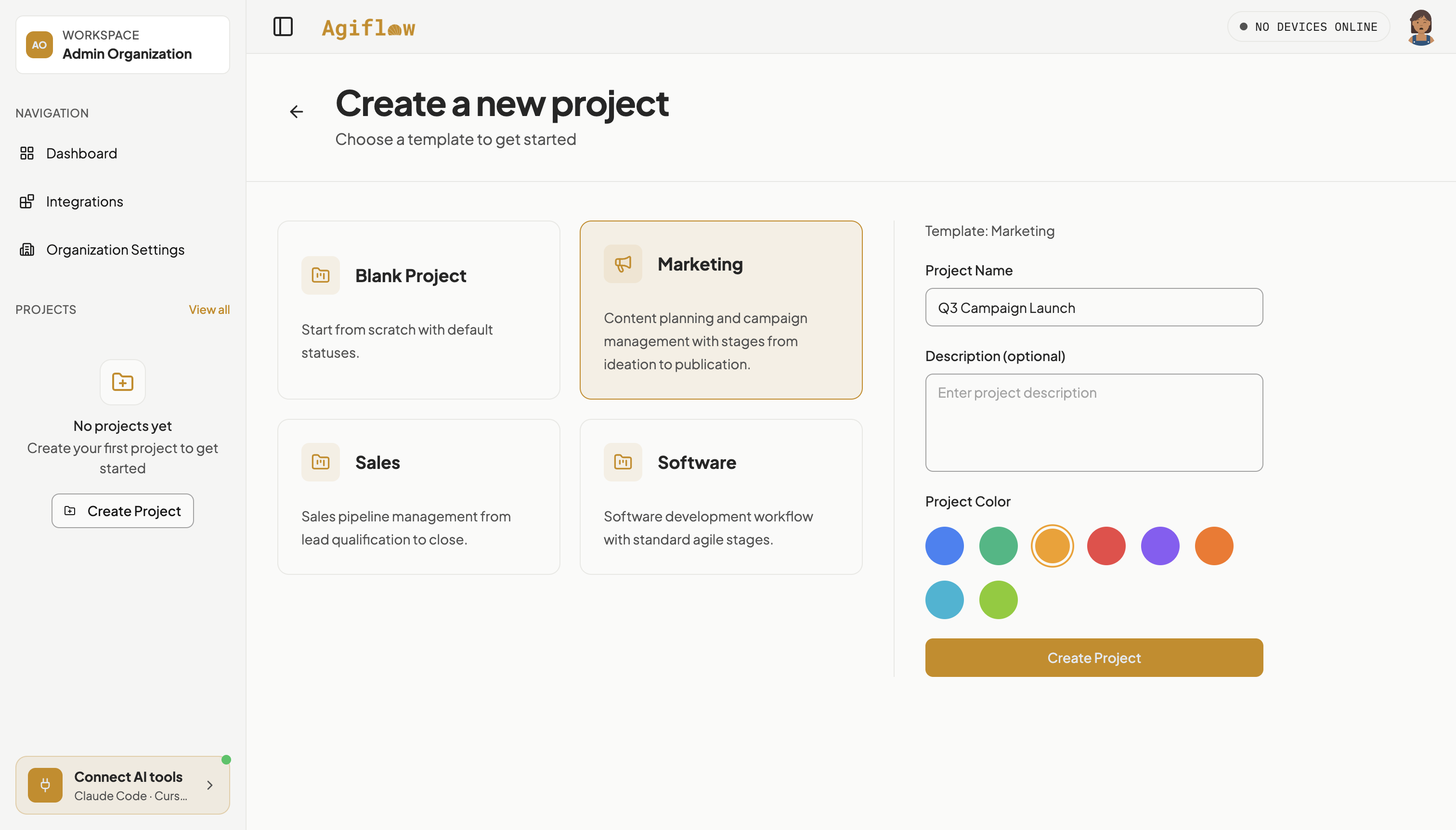 Create a new project screen with the Marketing template card selected, the Template: Marketing label shown, and Q3 Campaign Launch typed into Project Name.