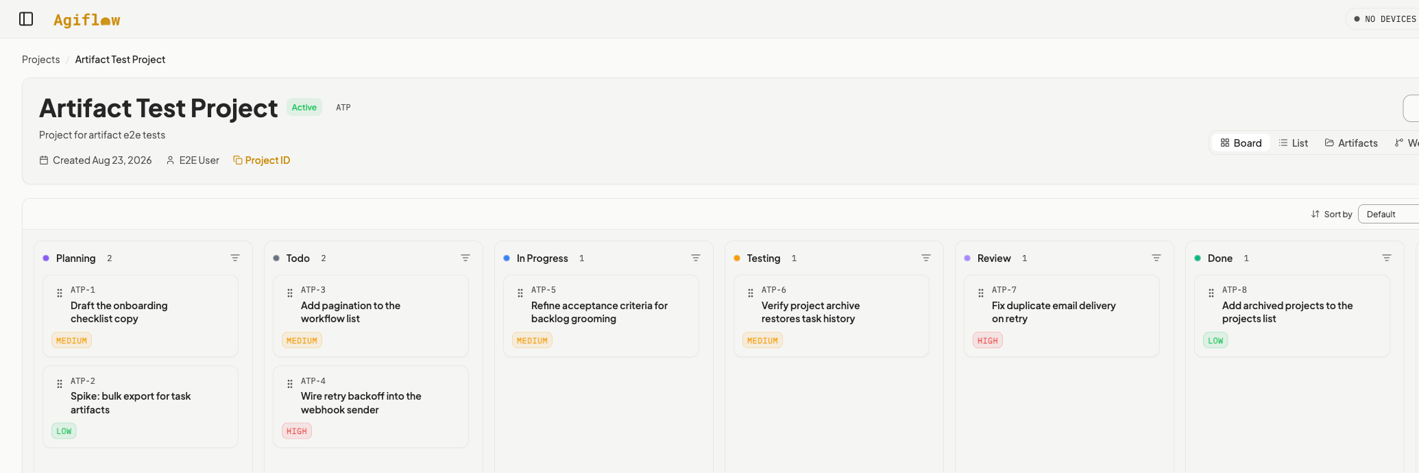 Agiflow project board with tasks distributed across the Planning, Todo, In Progress, Testing, Review, and Done columns.