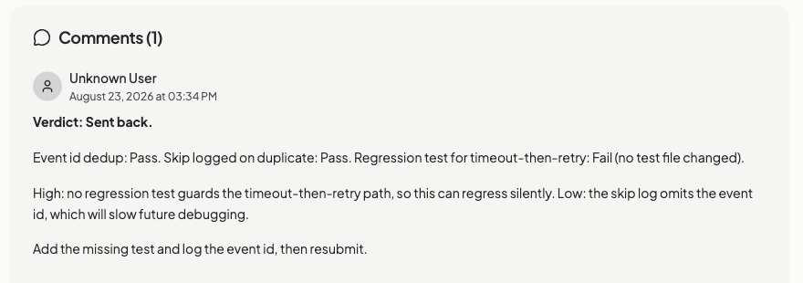 Agiflow task comment containing a review summary with a verdict, per-criterion results, and a list of issues grouped by severity.