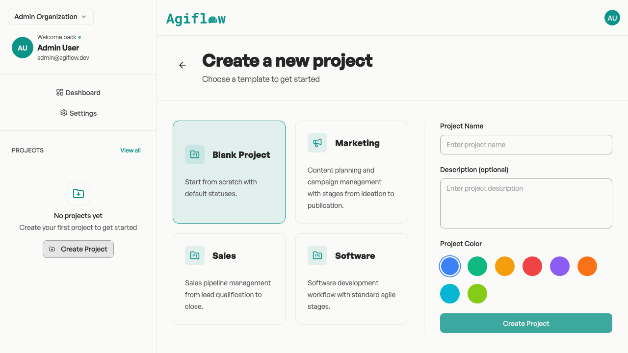 The template picker shows four starting points: Blank Project, Marketing, Sales, and Software. Each template seeds custom board lanes and starter tasks suited to that workflow.