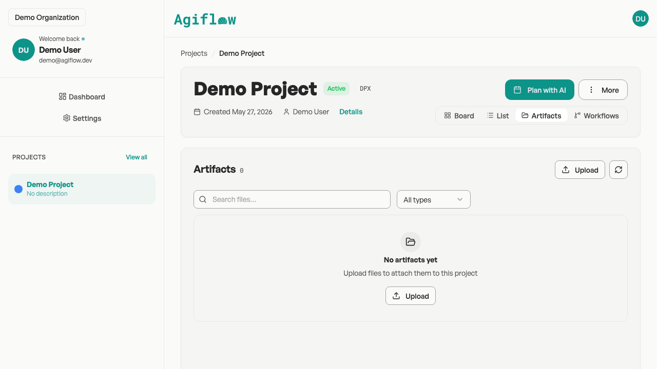 Agiflow artifacts tab showing project files attached to the work.