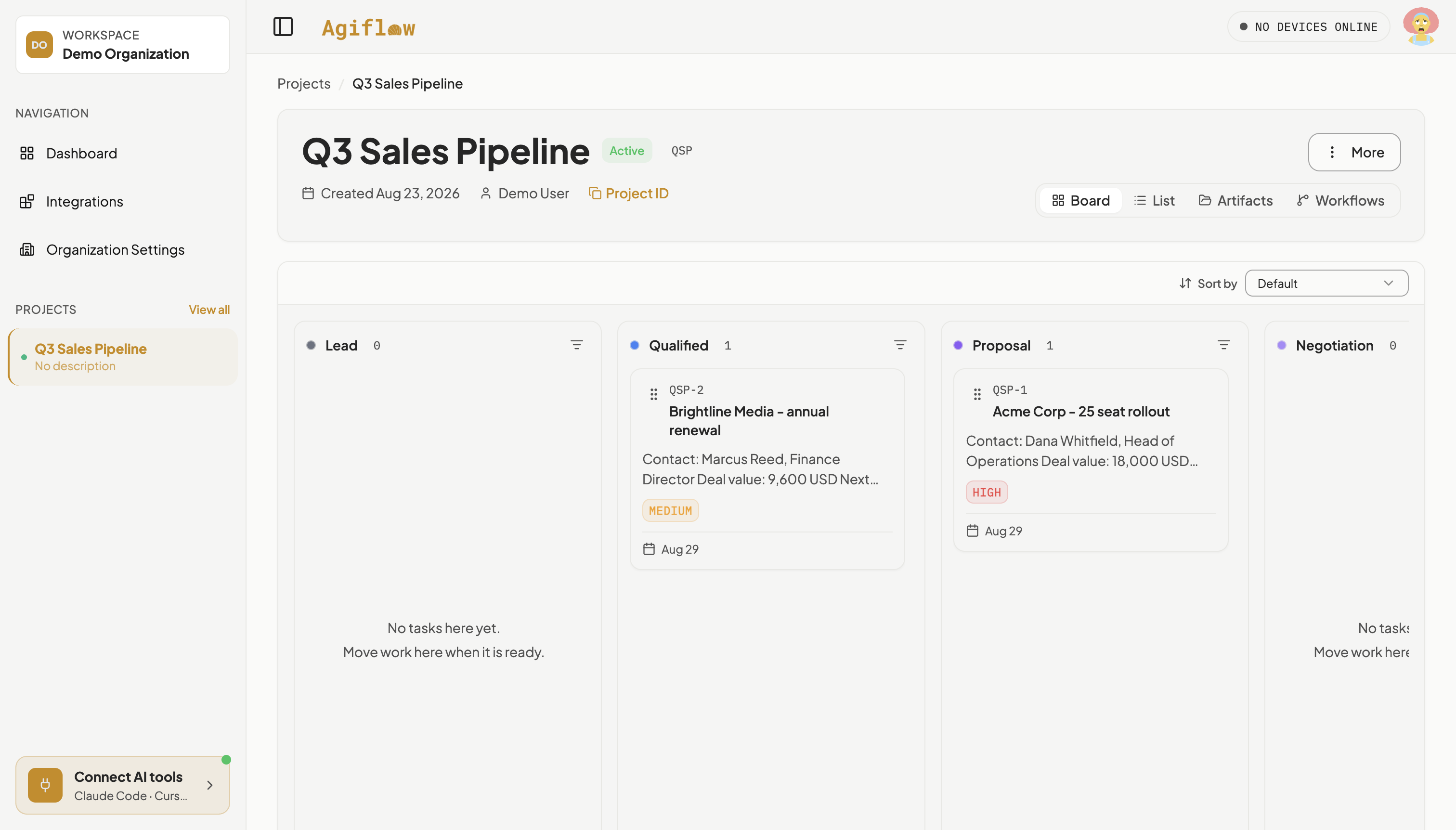 Q3 Sales Pipeline board showing Acme Corp - 25 seat rollout in the Proposal column and Brightline Media - annual renewal in the Qualified column.