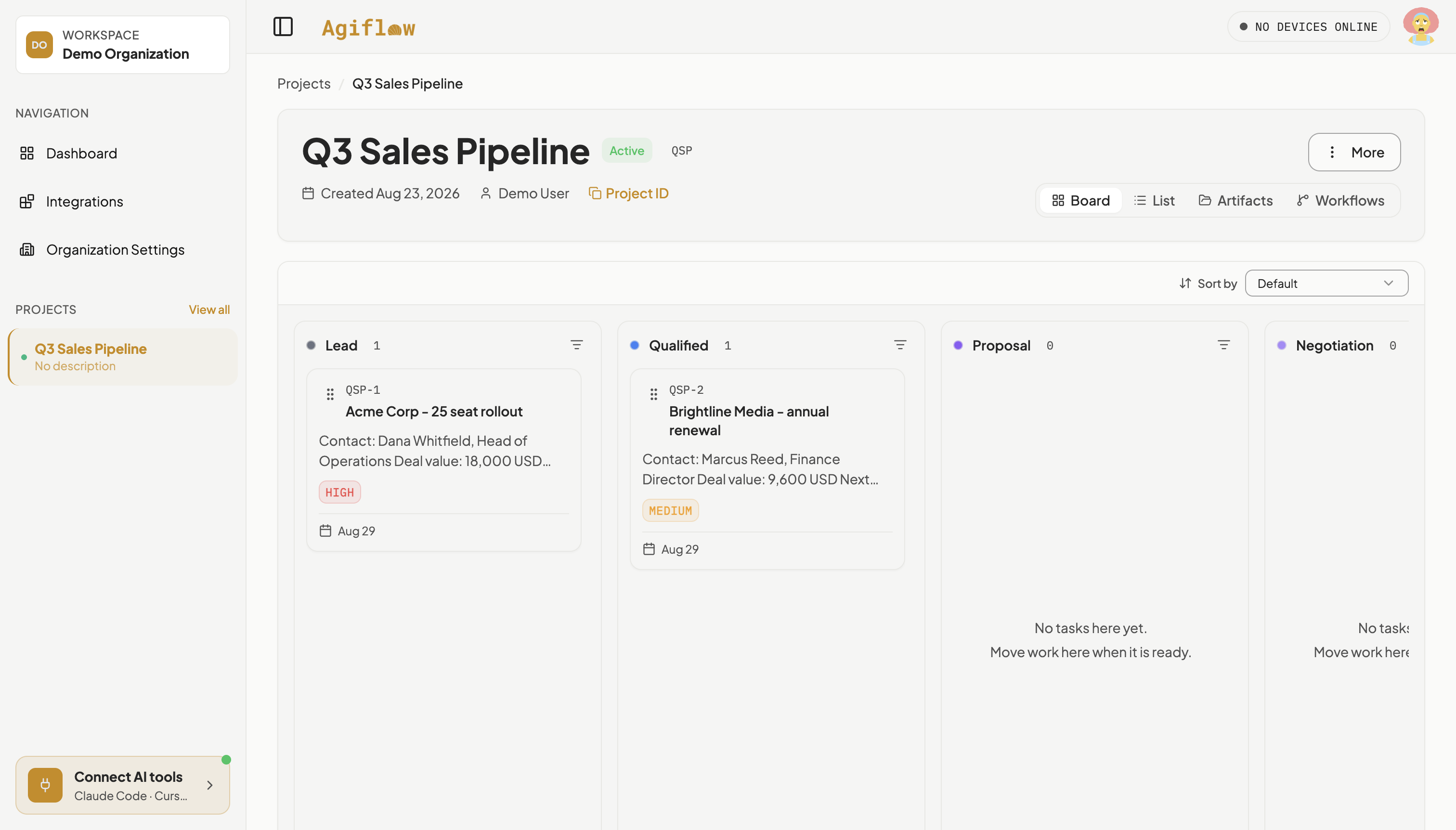 Q3 Sales Pipeline board after a full reload, showing Brightline Media - annual renewal card now in the Qualified column and Acme Corp still in Lead.