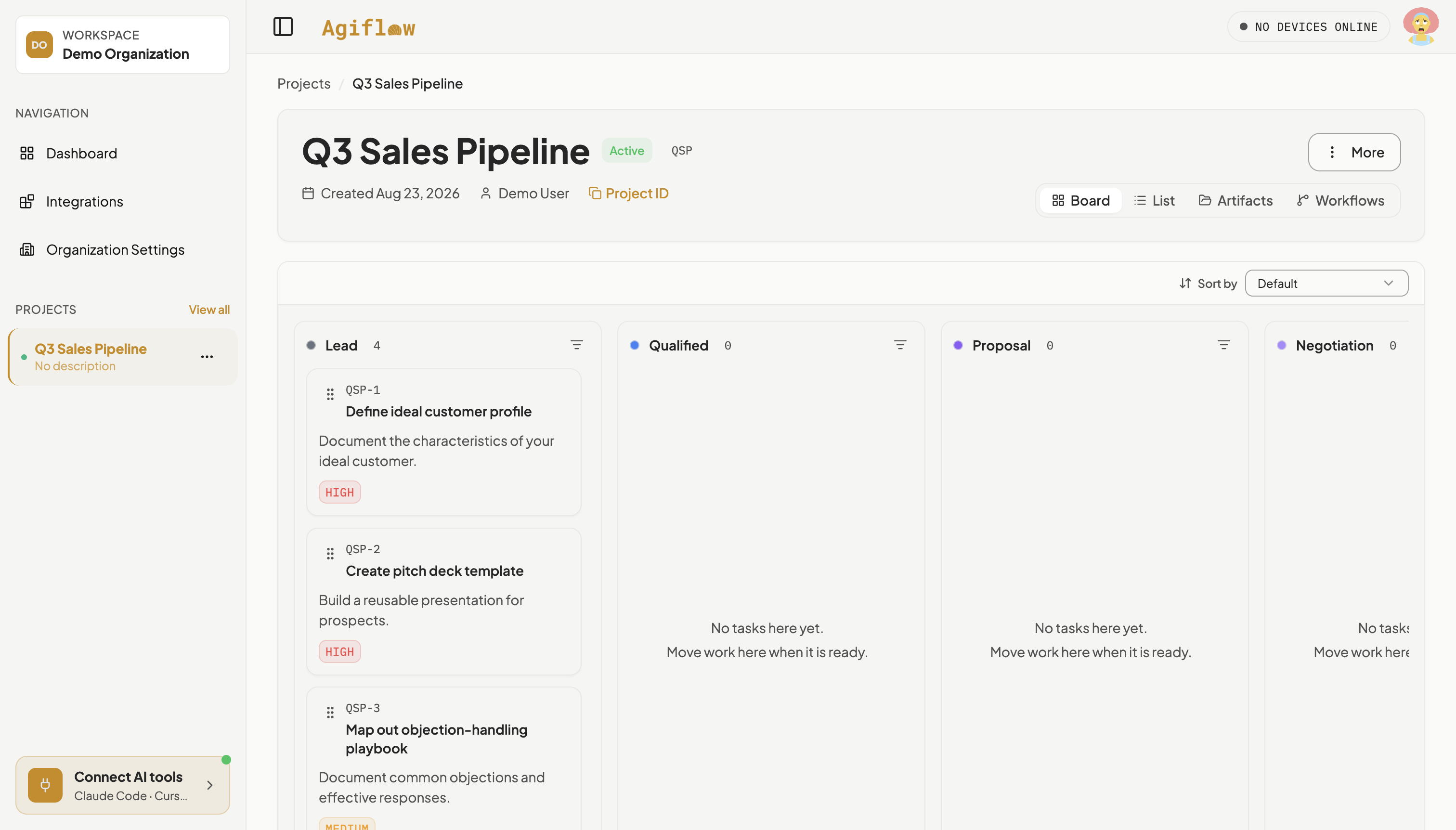 Q3 Sales Pipeline board showing the Lead column with four seeded starter tasks and the empty Qualified and Proposal columns beside it.