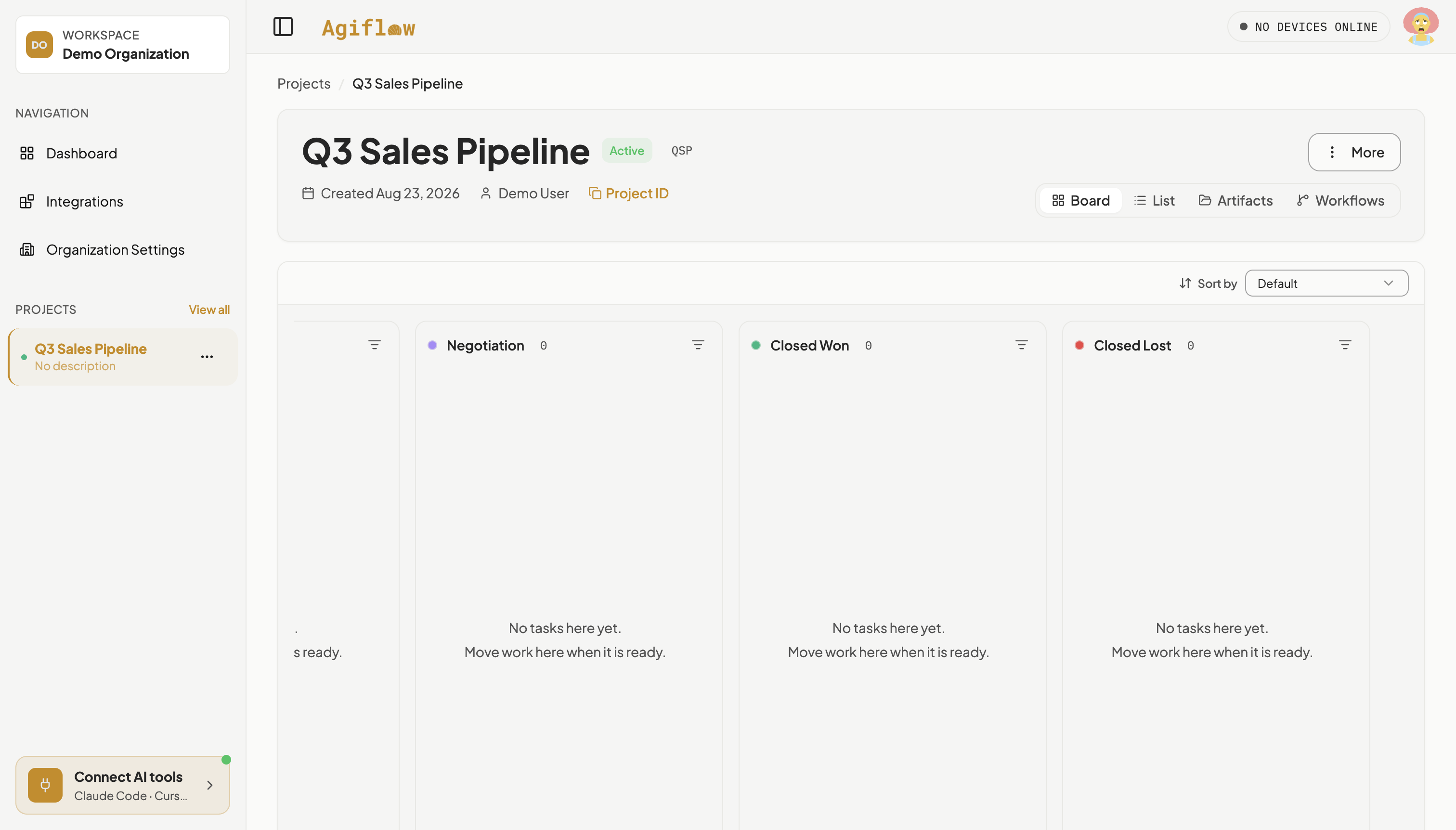 The right side of the Q3 Sales Pipeline board, showing the empty Negotiation, Closed Won, and Closed Lost columns.