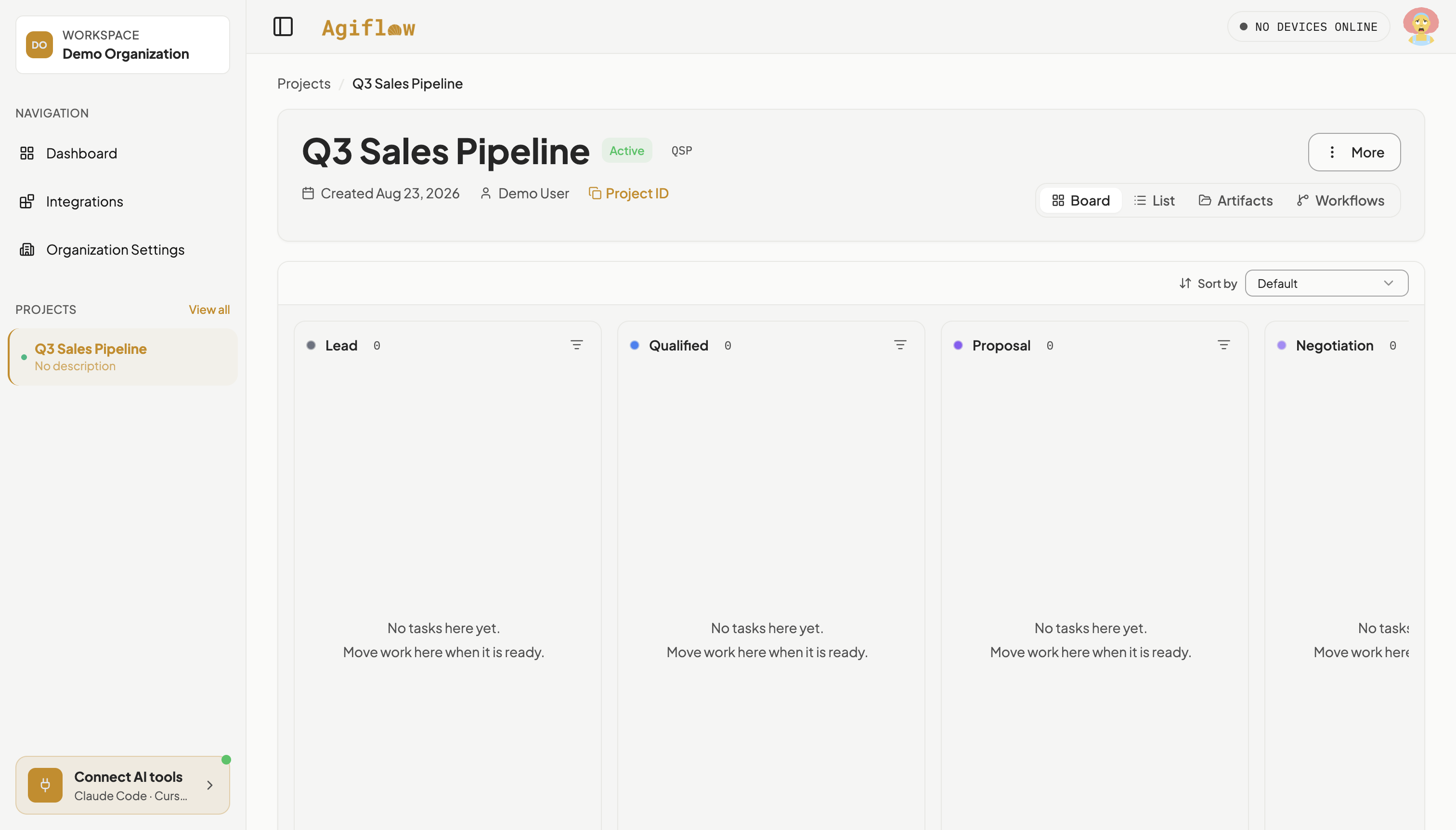 Q3 Sales Pipeline board with all six columns empty, each showing the text No tasks here yet, move work here when it is ready.