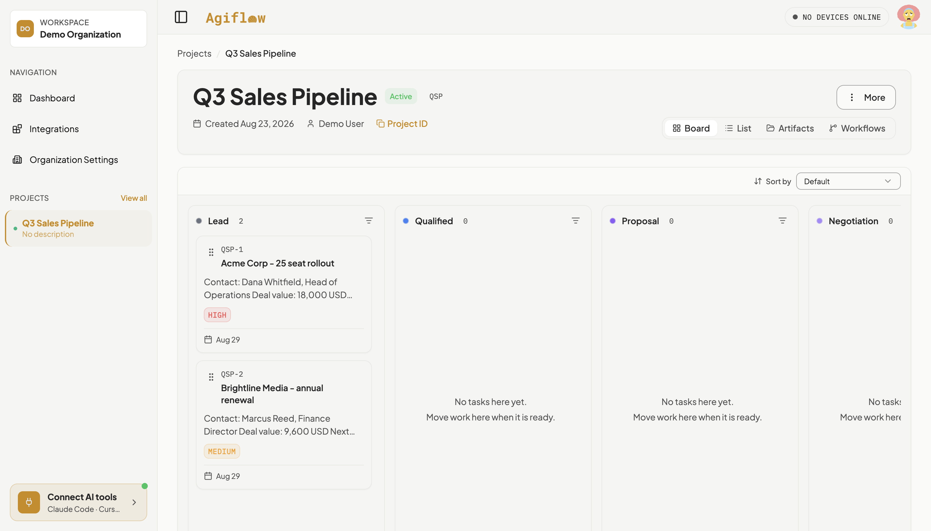 Q3 Sales Pipeline board with two cards in the Lead column: Acme Corp - 25 seat rollout with a high priority badge, and Brightline Media - annual renewal with a medium priority badge, both due Aug 29.
