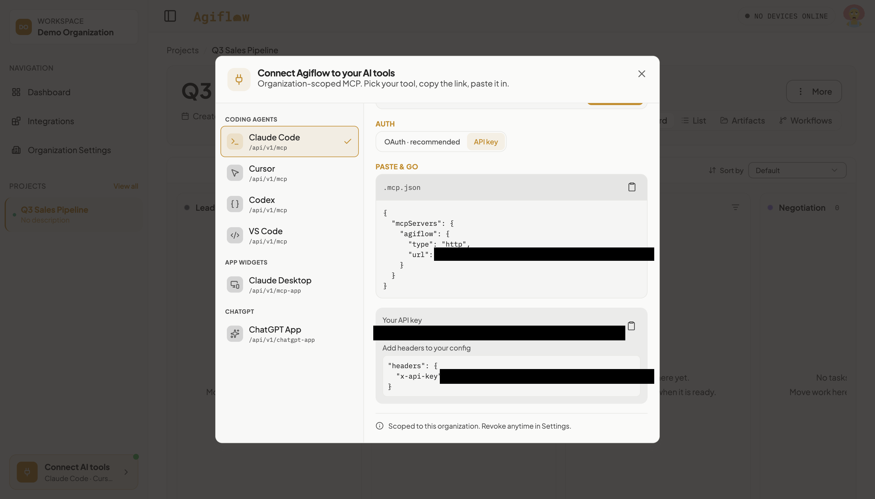 Connect Agiflow to your AI tools modal in API key mode after generation, showing the generated API key block and a separate headers block, with the key and organization id redacted.