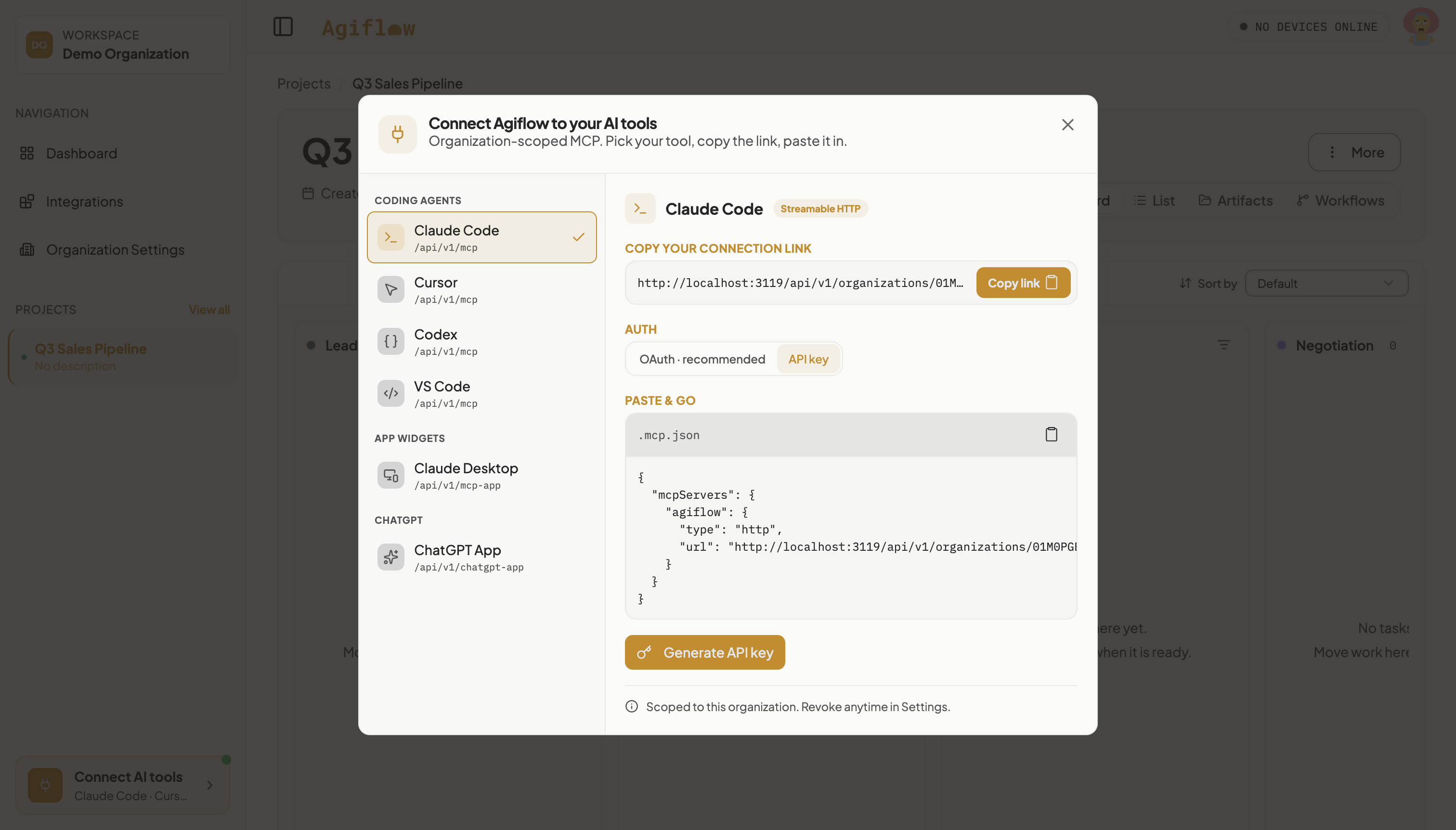Connect Agiflow to your AI tools modal with Claude Code selected and the API key auth pill chosen, showing the connection link and the .mcp.json snippet before a key has been generated.
