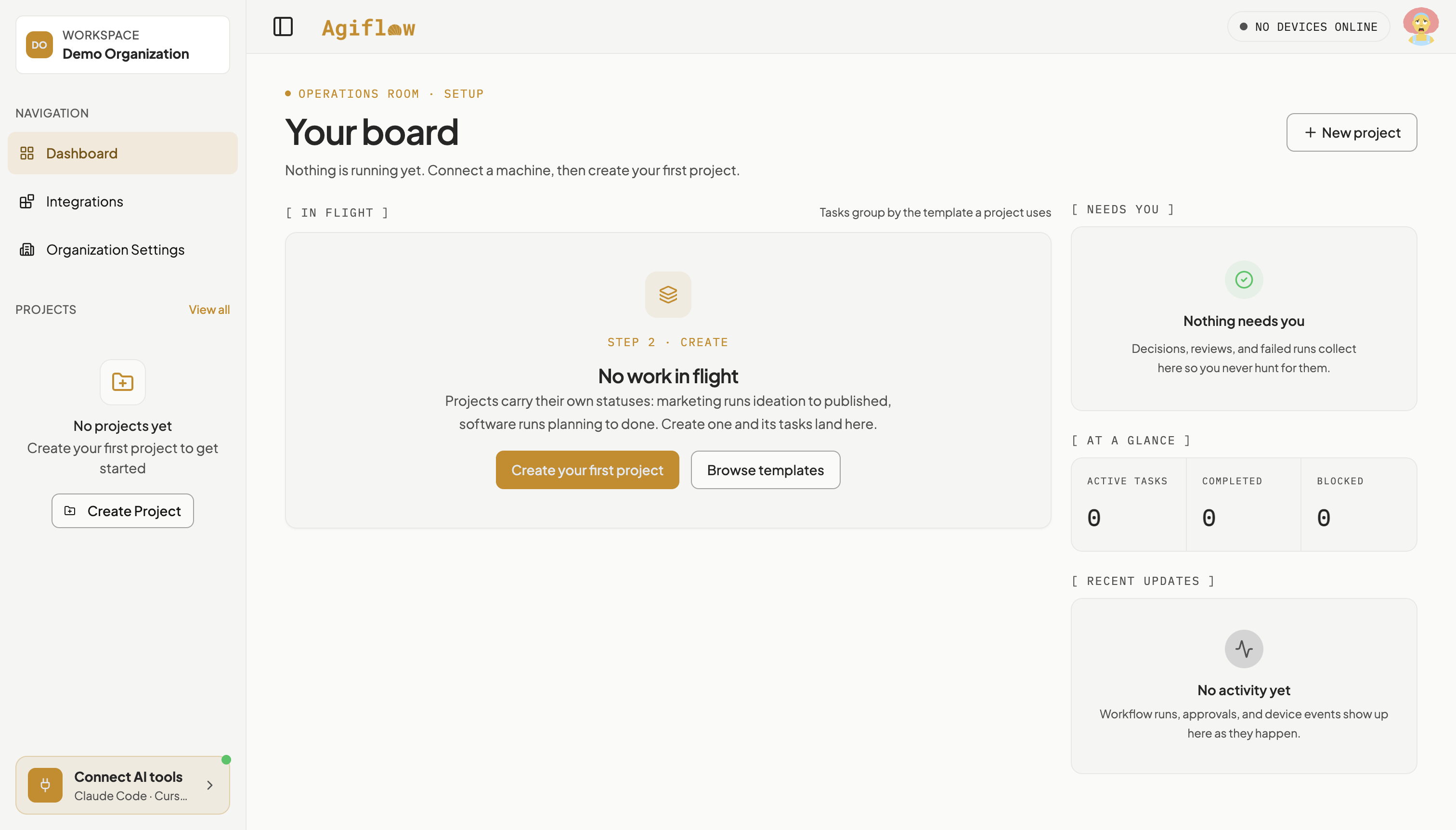 Agiflow dashboard for the Demo Organization workspace, showing the Your board heading and no projects yet, with a New project button at top right.