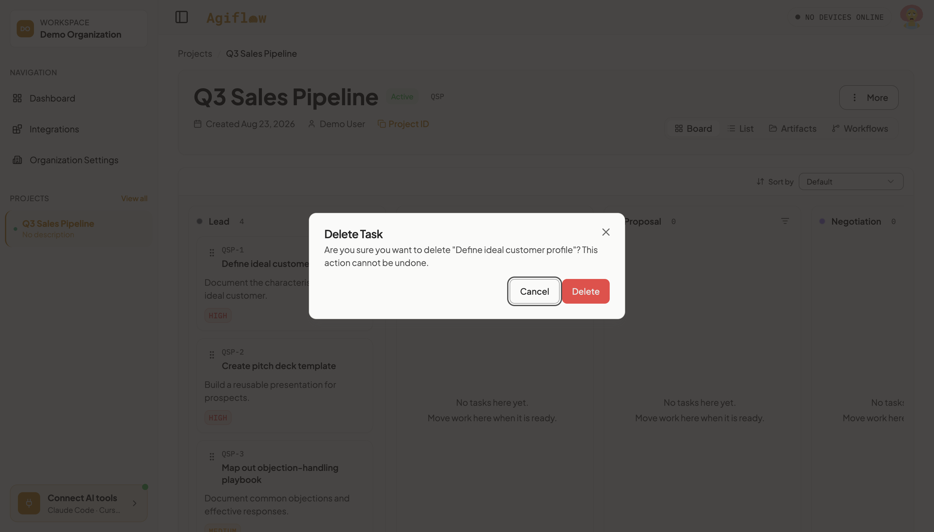 Delete Task confirmation dialog asking Are you sure you want to delete Define ideal customer profile, with Cancel and Delete buttons.