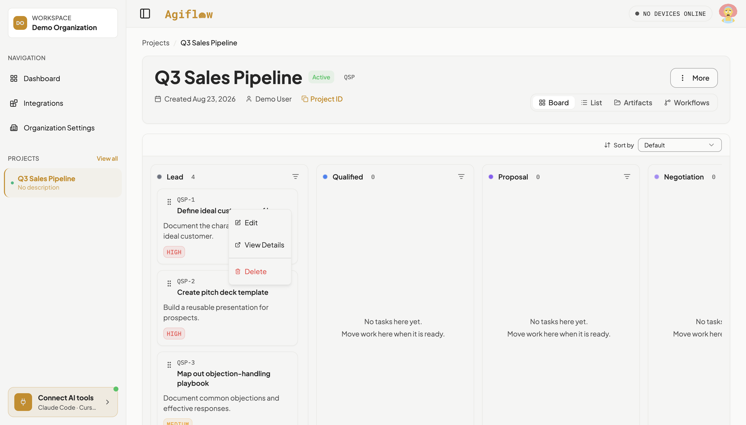 Kebab menu open on the Define ideal customer profile task card, offering Edit, View Details, and Delete.