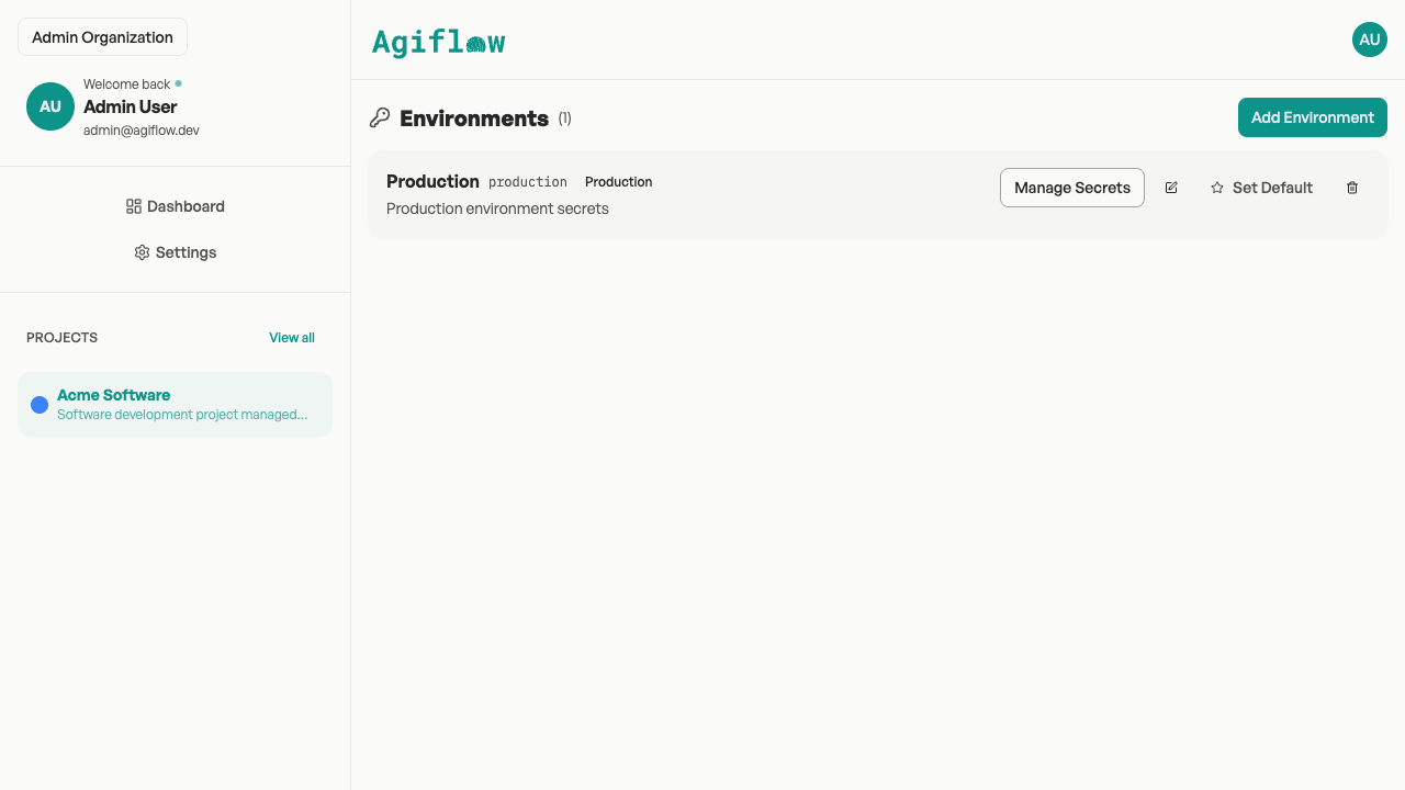 Agiflow Environments list page showing the Production environment card with Manage Secrets, Edit, and Delete action buttons.