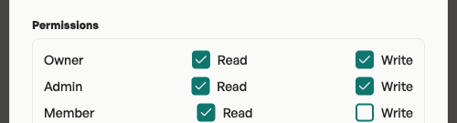 Agiflow permission editor inside the Add Environment dialog showing Read and Write permission checkboxes for Owner, Admin, and Member roles with default selections.