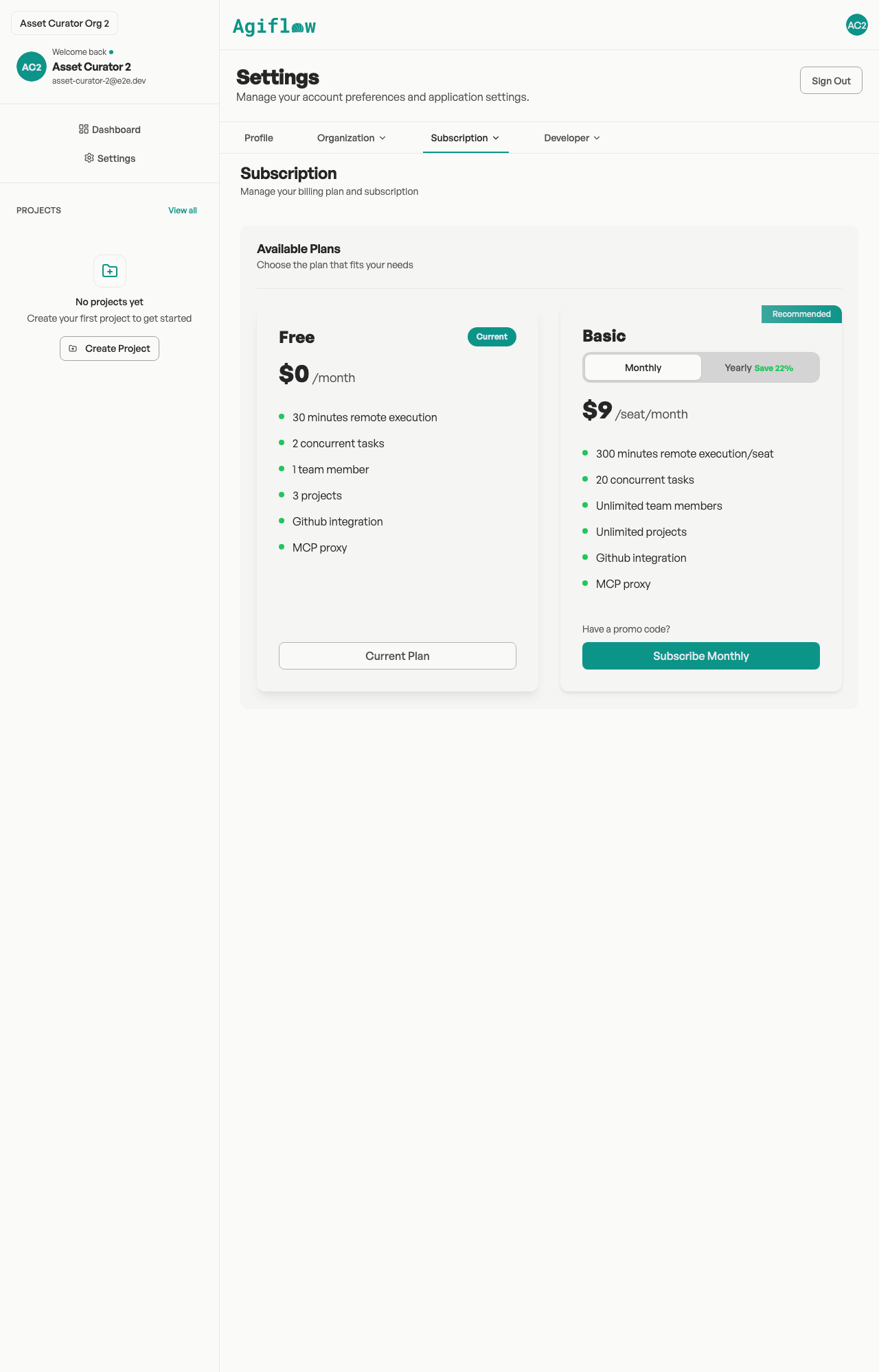 Subscription page showing Free and Basic plan cards with Monthly billing selected and Subscribe Monthly button visible.