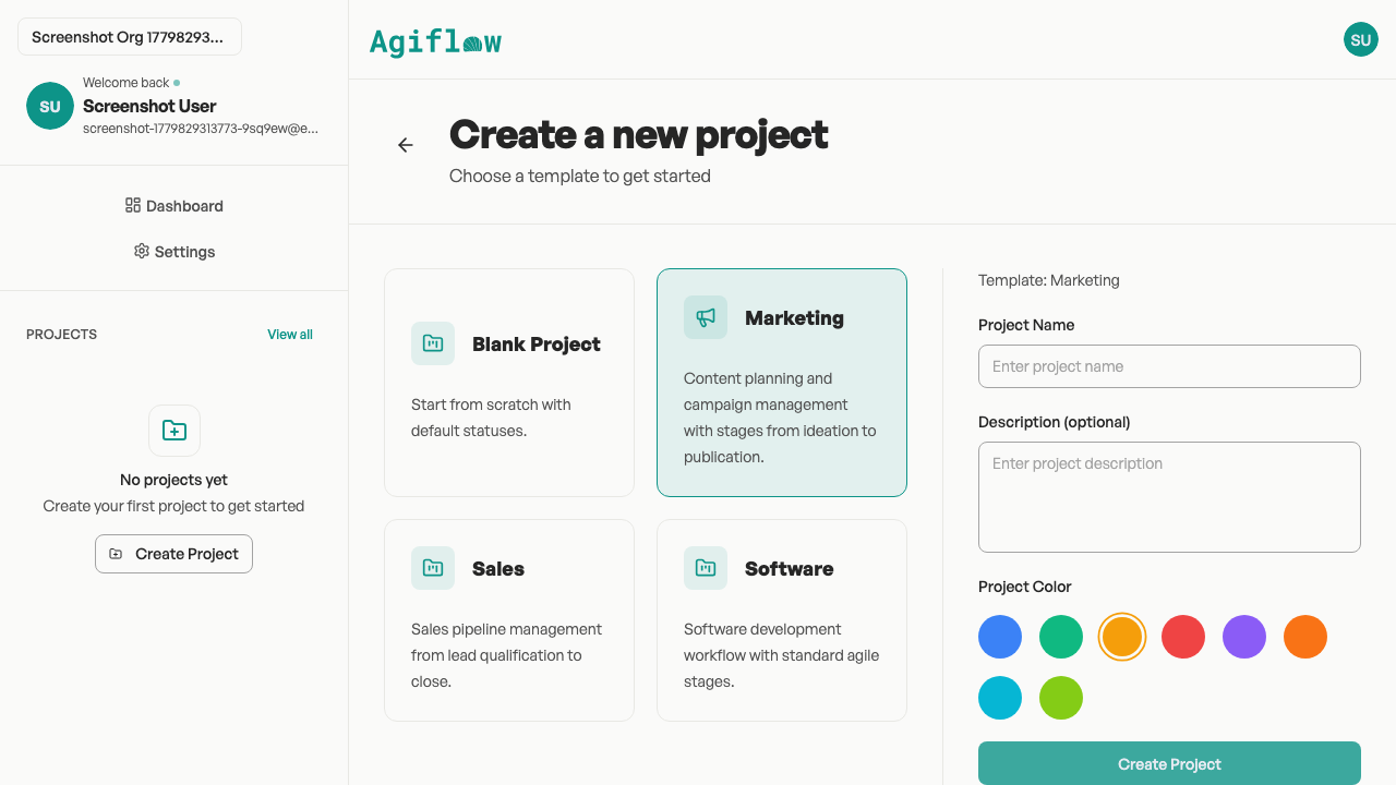Screenshot of the project details form with the Marketing template badge visible next to the name and description fields.